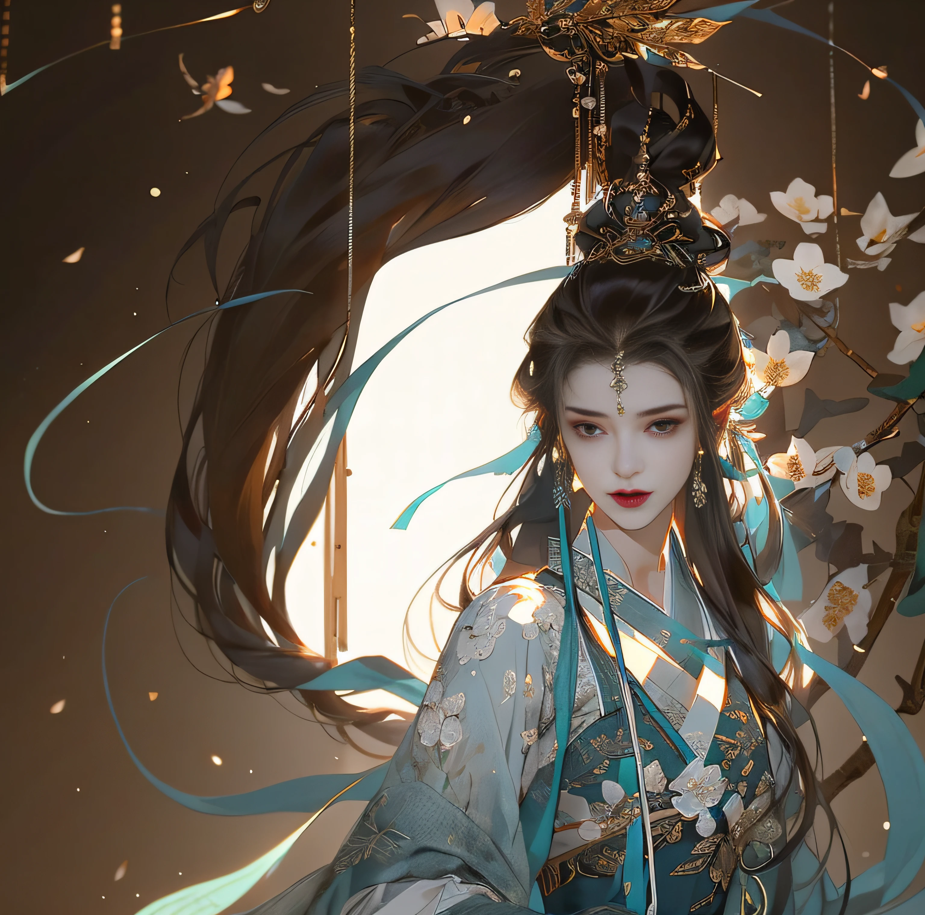 Beautiful details for girl,Very detailed eyes and face,Beautiful eye details,Super detailed,A high resolution,Very detailed,The best quality,illustration,Exquisite details,Best quality,Very detailed CG,8K wallpapers,A woman,woods,Long black hair,horsetail,Hanfu girl,blossoms,Complex textures,Streamers,navel,Shoulder,the complex background,Half body,Solo