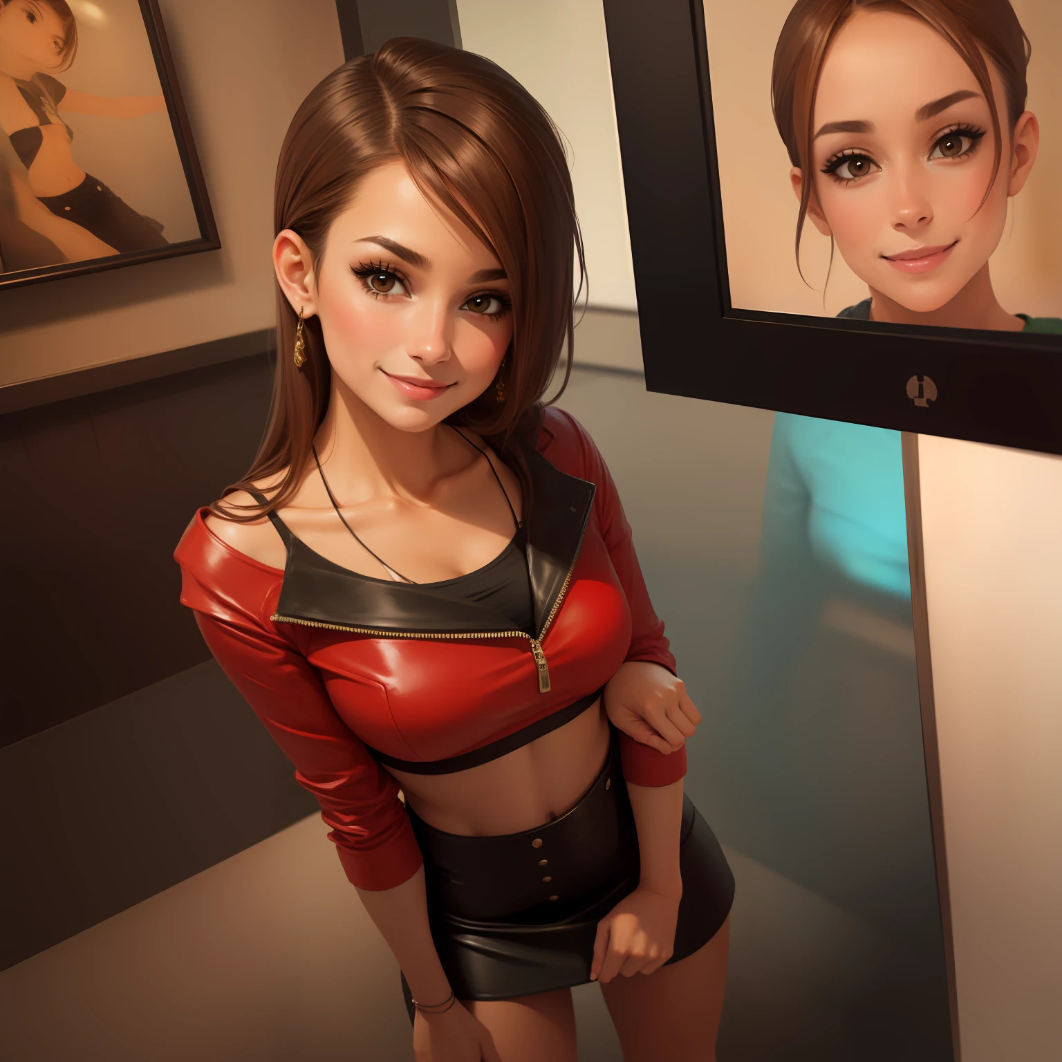 Beautiful Brazilian girl, brown hair in a ponytail, 18 years old, beautiful thin figure
She is taking a selfie in an art museum, wearing a black hat, a red leather jacket and a plaid skirt, smiling