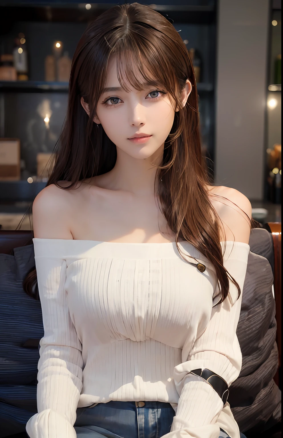 (Ultra Real), (Illustration), (High Resolution), (8K), (Very Detailed), (Best Illustration), (Beautiful and Detailed Eyes), (Best Quality), (Ultra Detailed), (Masterpiece), (Wallpaper), (Detailed Face), Solo, One Girl, Full Body, Staring Viewer, Fine Eyes and Mouth, Detailed Face, Bar Counter, In the Dark, Low Key, pureerosfaceace_v1, Smile, Long Hair, Dark blonde straight hair, bangs, sitting in a chair, beautiful teeth, blushing cheeks, fascinated look, complex off-shoulder clothes,