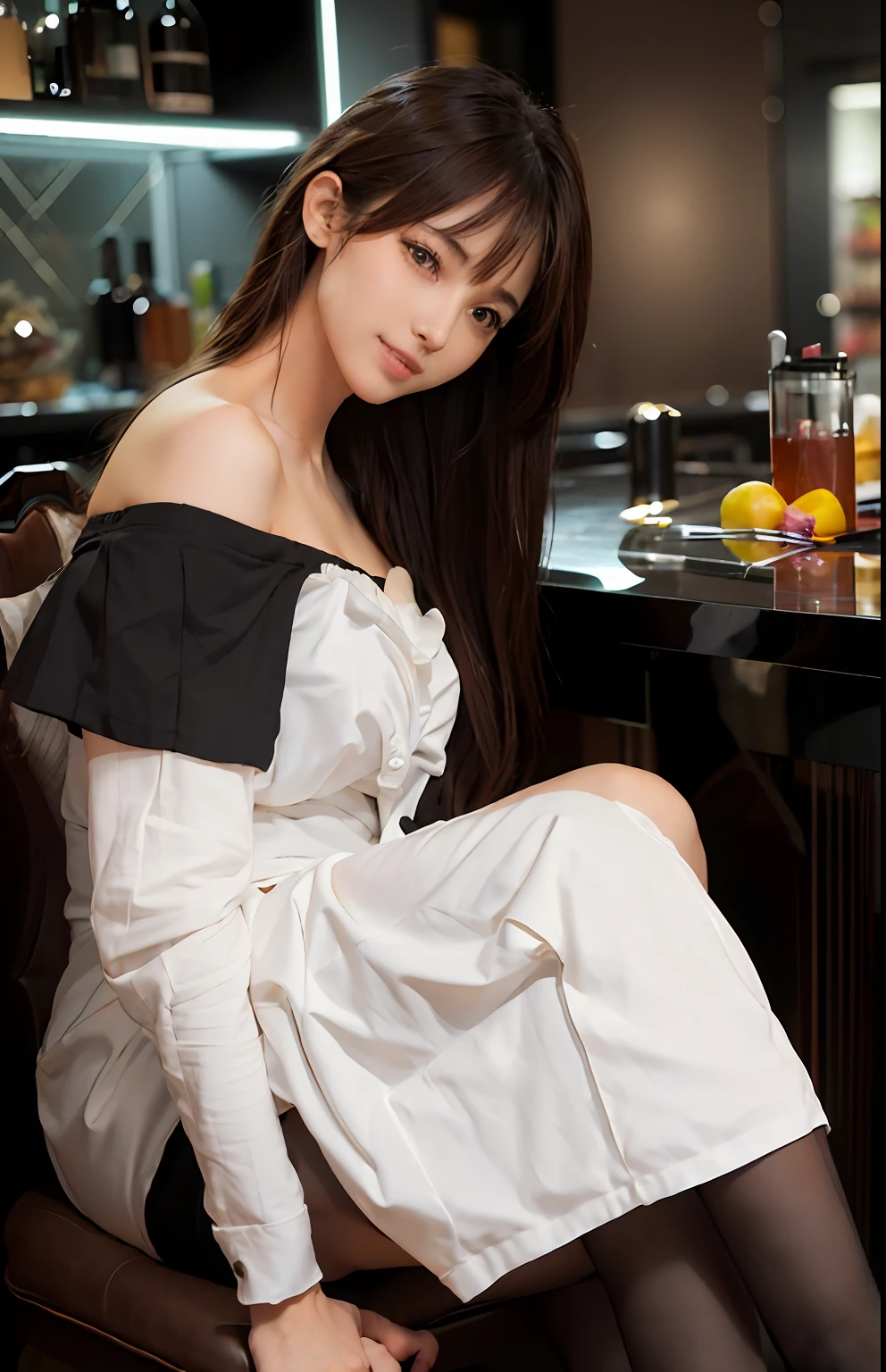 (Ultra Real), (Illustration), (High Resolution), (8K), (Very Detailed), (Best Illustration), (Beautiful and Detailed Eyes), (Best Quality), (Ultra Detailed), (Masterpiece), (Wallpaper), (Detailed Face), Solo, One Girl, Full Body, Staring Viewer, Fine Eyes and Mouth, Detailed Face, Bar Counter, In the Dark, Low Key, pureerosfaceace_v1, Smile, Long Hair, Dark blonde straight hair, bangs, sitting in a chair, beautiful teeth, blushing cheeks, fascinated look, complex off-shoulder clothes,