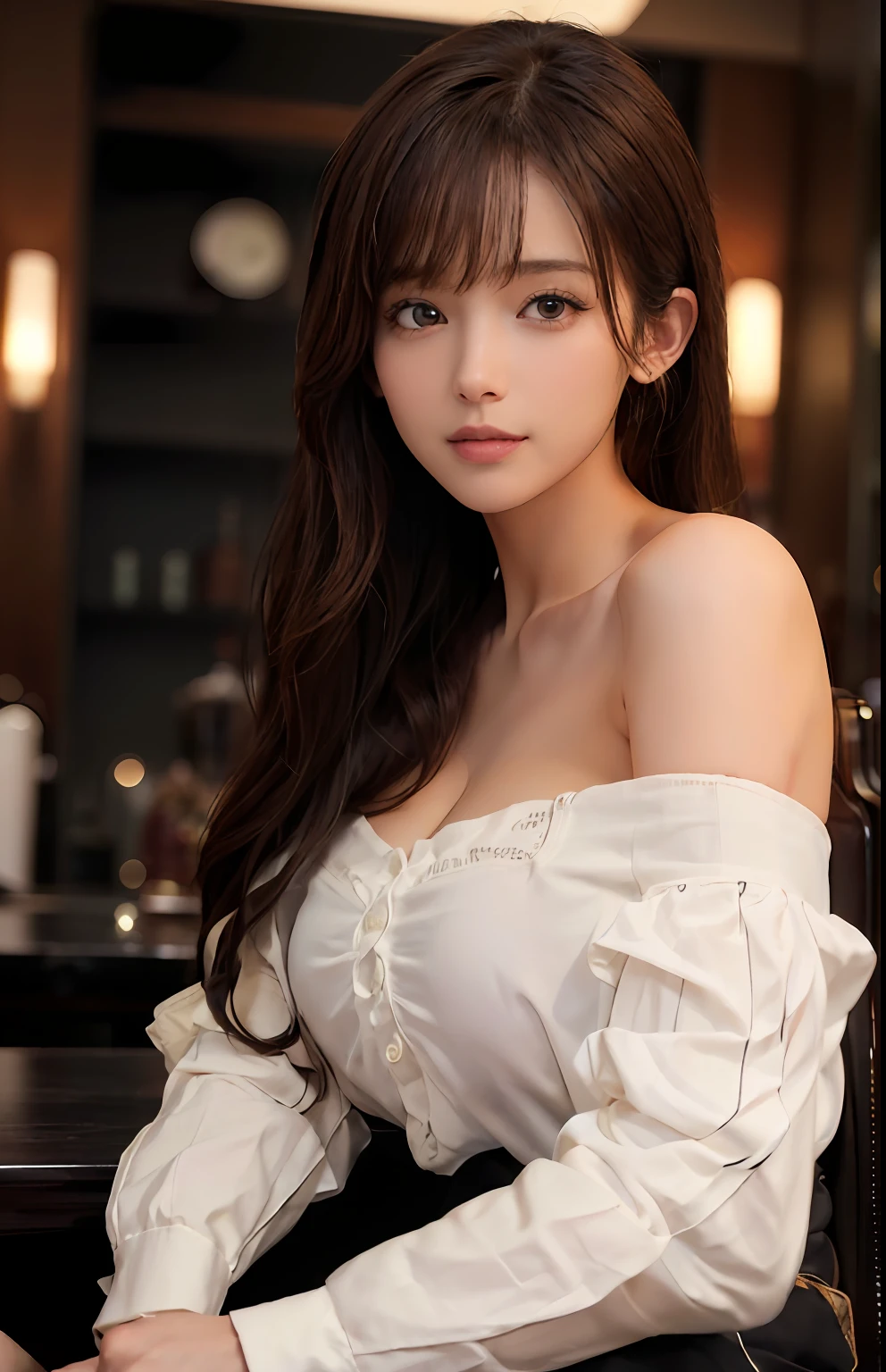 (Ultra Real), (Illustration), (High Resolution), (8K), (Very Detailed), (Best Illustration), (Beautiful and Detailed Eyes), (Best Quality), (Ultra Detailed), (Masterpiece), (Wallpaper), (Detailed Face), Solo, One Girl, Full Body, Staring Viewer, Fine Eyes and Mouth, Detailed Face, Bar Counter, In the Dark, Low Key, pureerosfaceace_v1, Smile, Long Hair, Dark blonde straight hair, bangs, sitting in a chair, beautiful teeth, blushing cheeks, fascinated look, complex off-shoulder clothes,