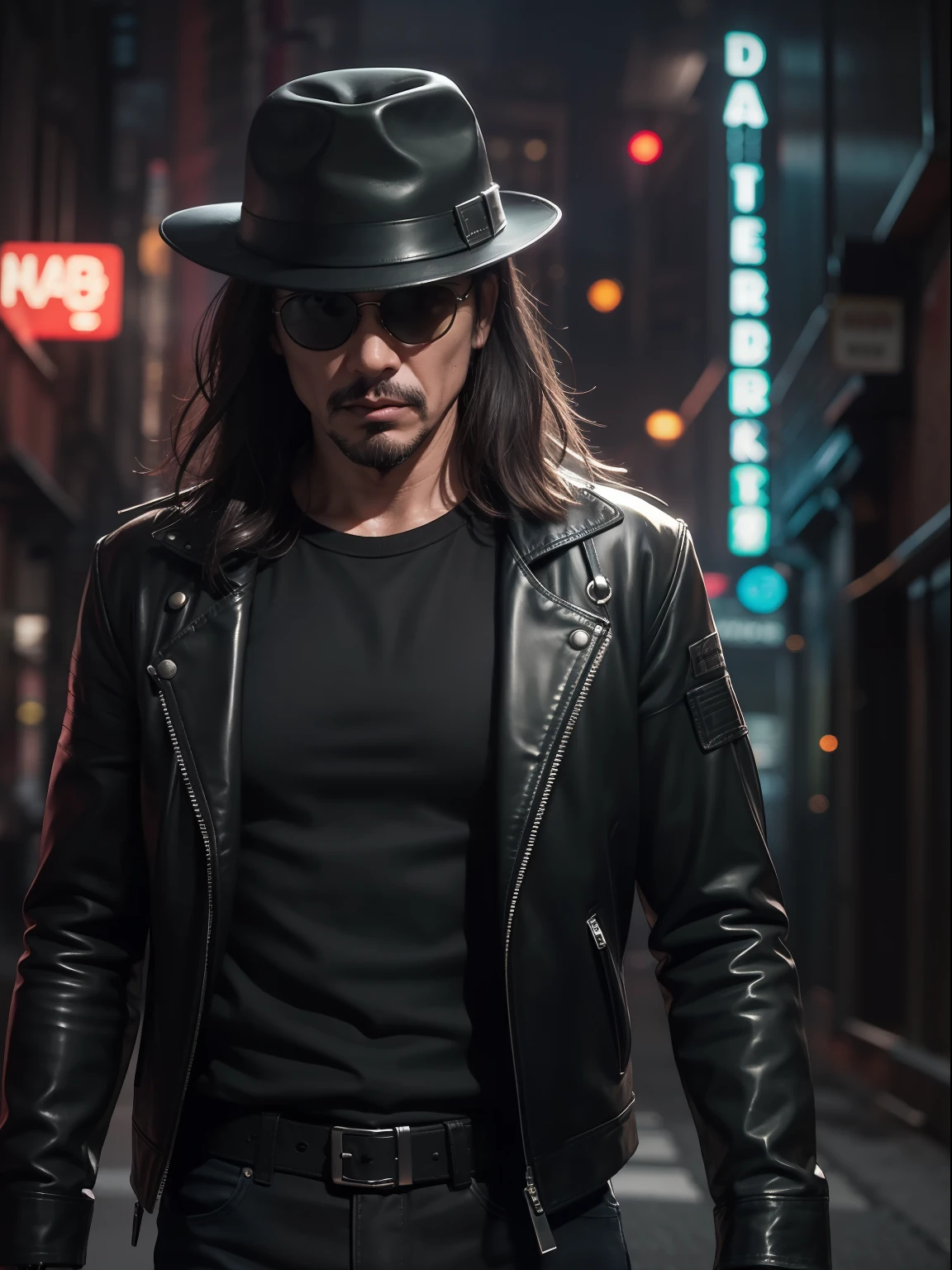 Arad people in leather jackets and hats stand in the dark, noir film world character design, neo noir style, high detail iconic character, Aiden Pierce, photography of albert watson, noir detective and a fedora, lee bermejo, neo - noir style, author:Hiroyuki Tajima, neo - noire, wearing cyberpunk leather jacket