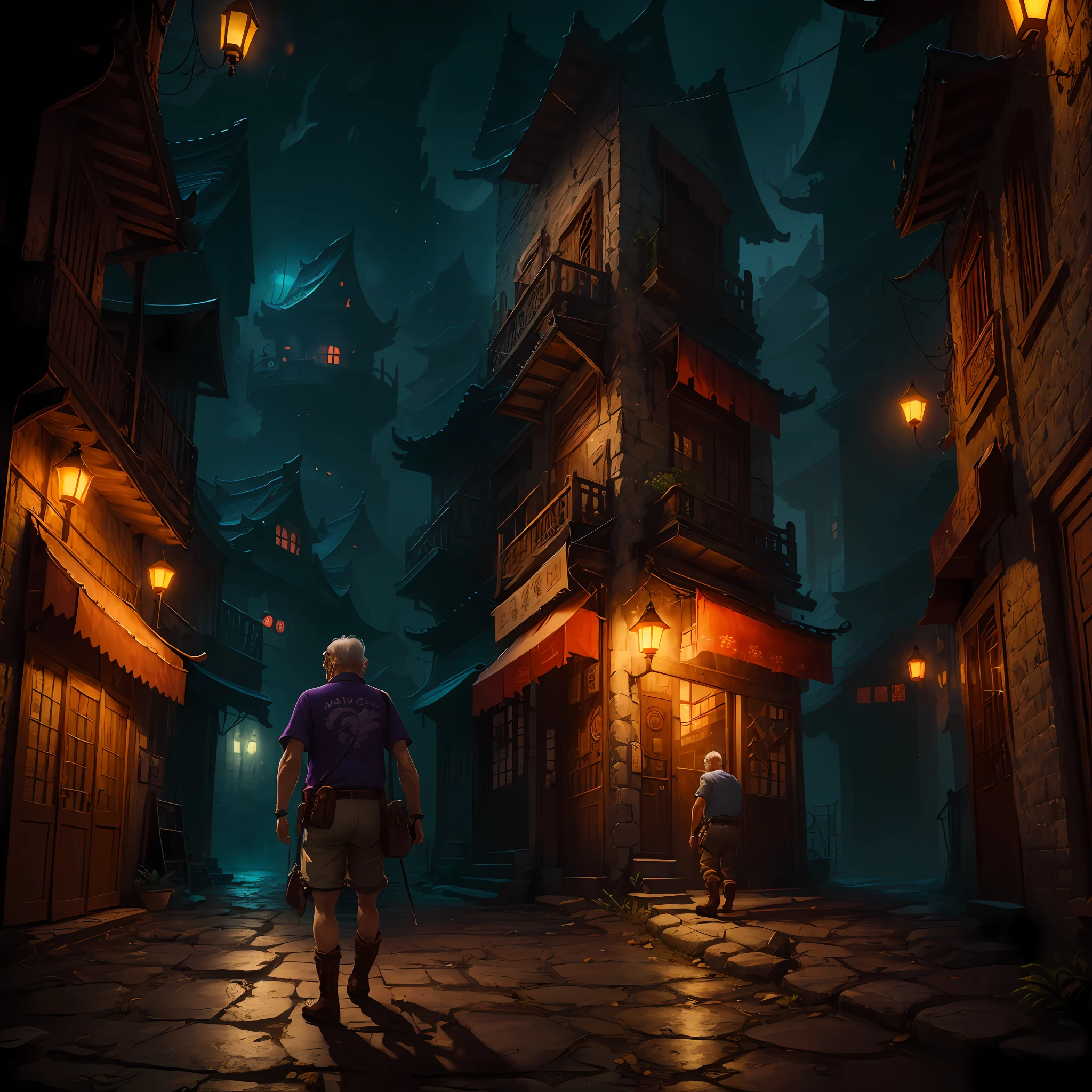 masterpiece,best quality,official art,extremely detailed CG unity 8k, cinematic lighting, (foreshortening:1.1), (old man:1.4) , [blue:purple:0.4] hair,t-shirt, belt, short_pants, boots,armband,Street of china backround, POV view,look at view, fantasy world --auto