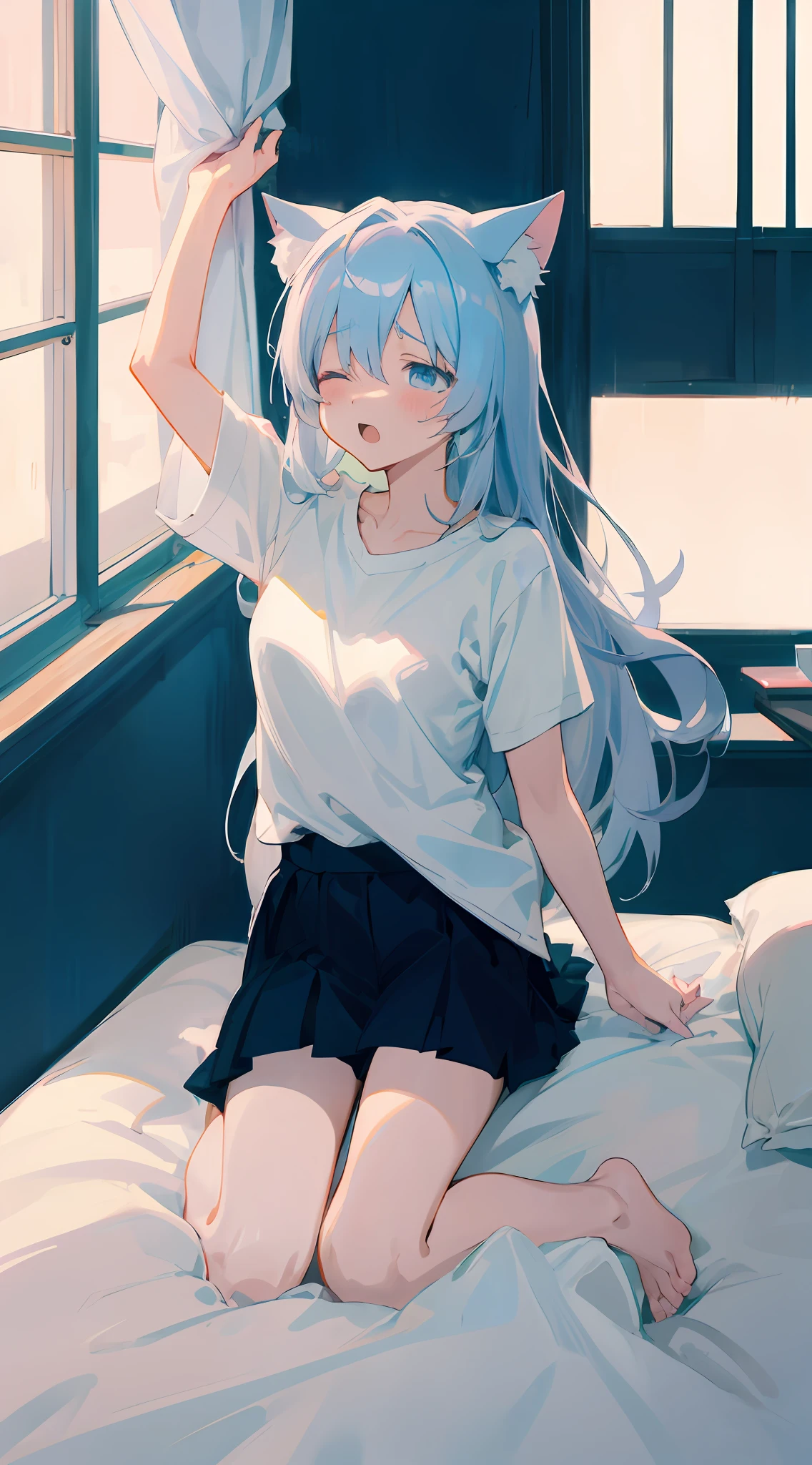 Anime girl sitting on bed with cat ears up, Anime art wallpaper 8k, Cute anime girl, Anime Girl, anime style 4 k, Beautiful anime girl, (Anime Girl), anime art wallpaper 4k, anime art wallpaper 4k, Seductive Anime Girl, 4k anime wallpaper, an anime girl, anime wallpaper 4k, anime wallpaper 4 k,yawns,Close one eye,Teary-eyed,small tits