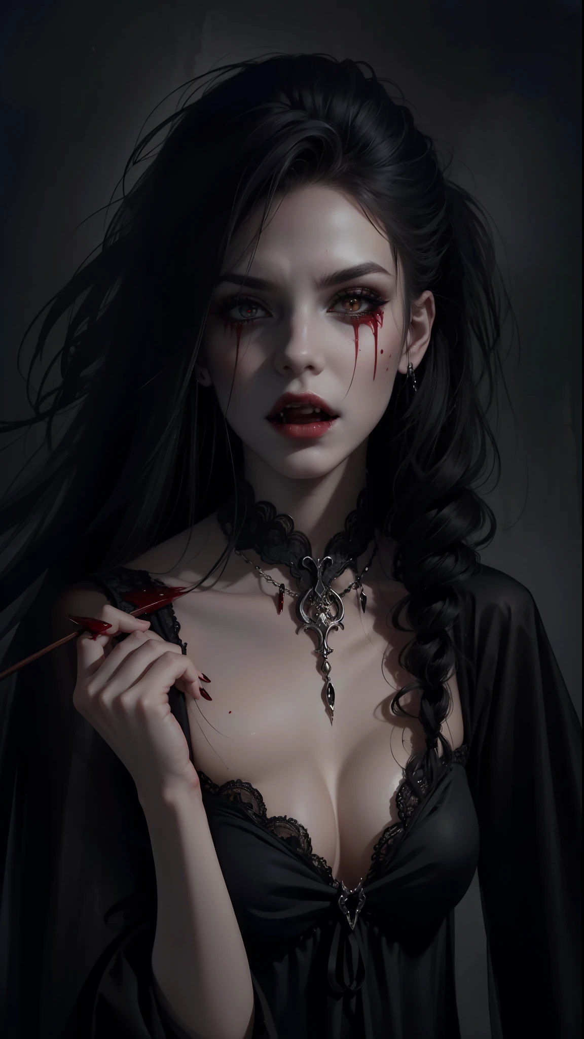 Gothic woman with blood dripping from her mouth, beautiful vampire queen, Vampire girl, gothic horror vibes, Beautiful female vampire queen, The art in the style of Guvez, dark fantasy mixed with realism, androgynous vampire, Gothic shoujo anime girl, Gothic aesthetics, a woman vampire, gothic art style, Vampire fashion, [4K digital art]!，Stick out your tongue，Dripping blood