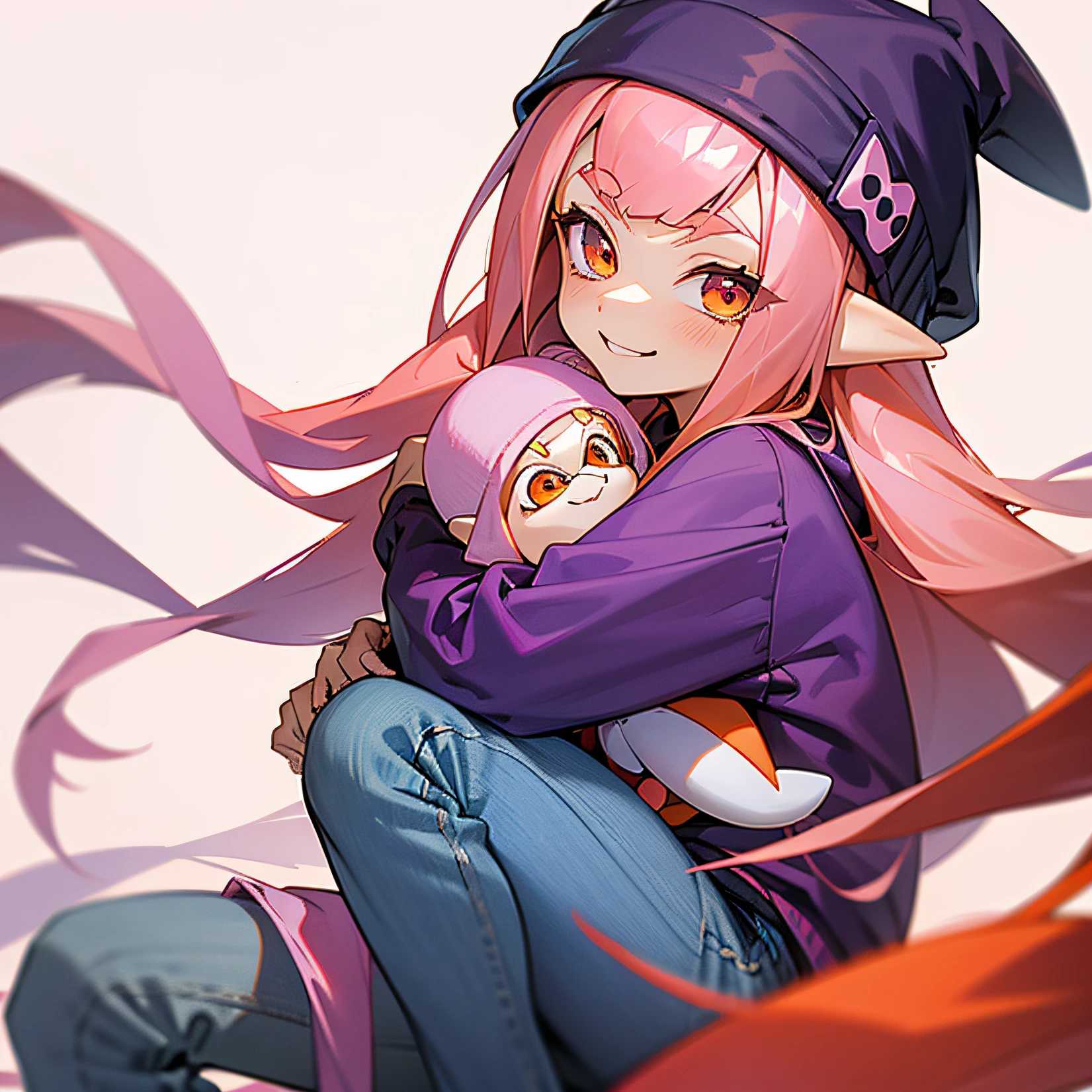 masterpiece, best quality, solo, 1girl, anime, long pink hair, orange eyes, knee length jeans, purple beanie, dark purple hoodie, smiling, hugging inkling plushie