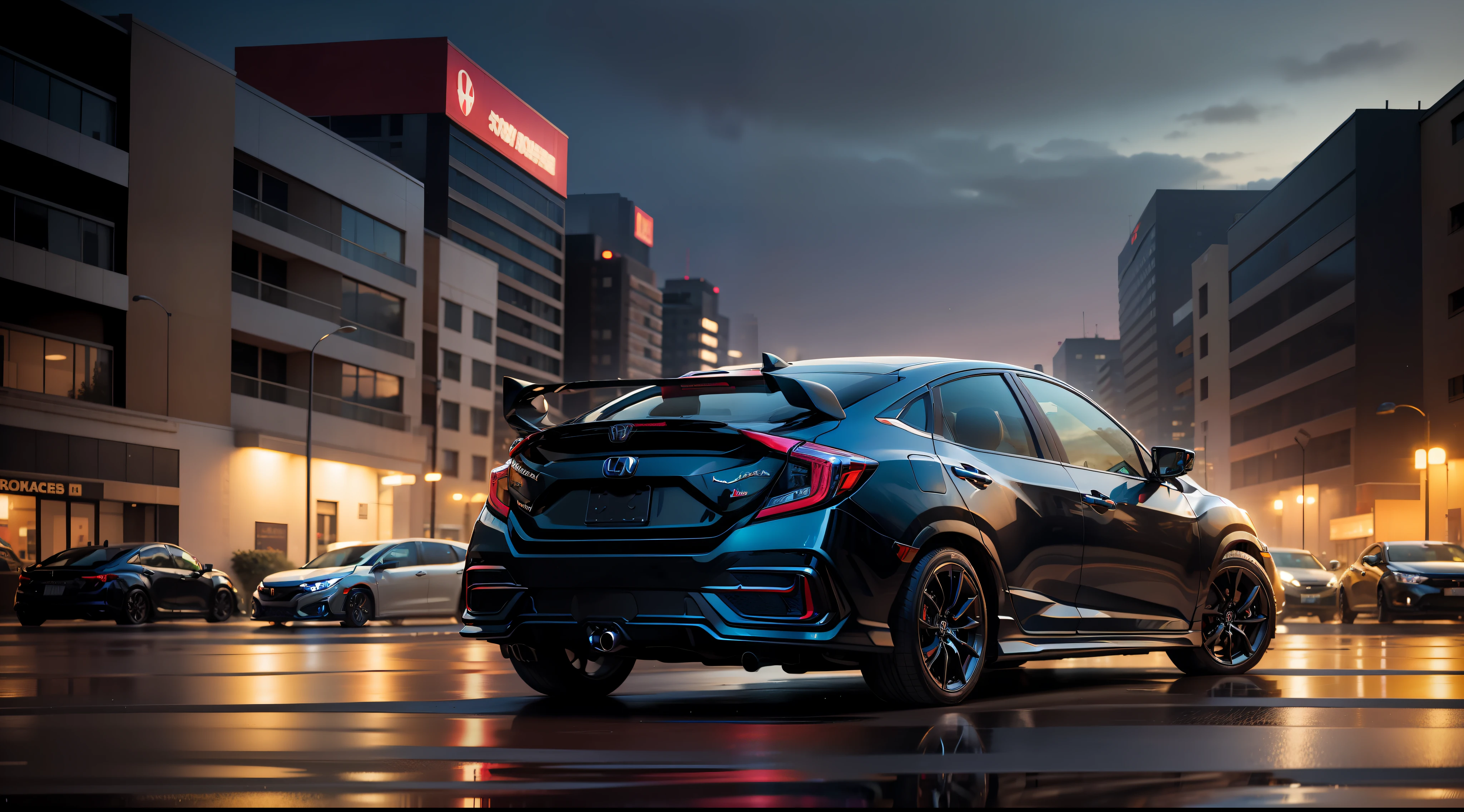 "Park the black Honda Civic (fifth generation), give it a shiny and wet look, capture the view from the rear with bright tail lights, and set the scene at night."