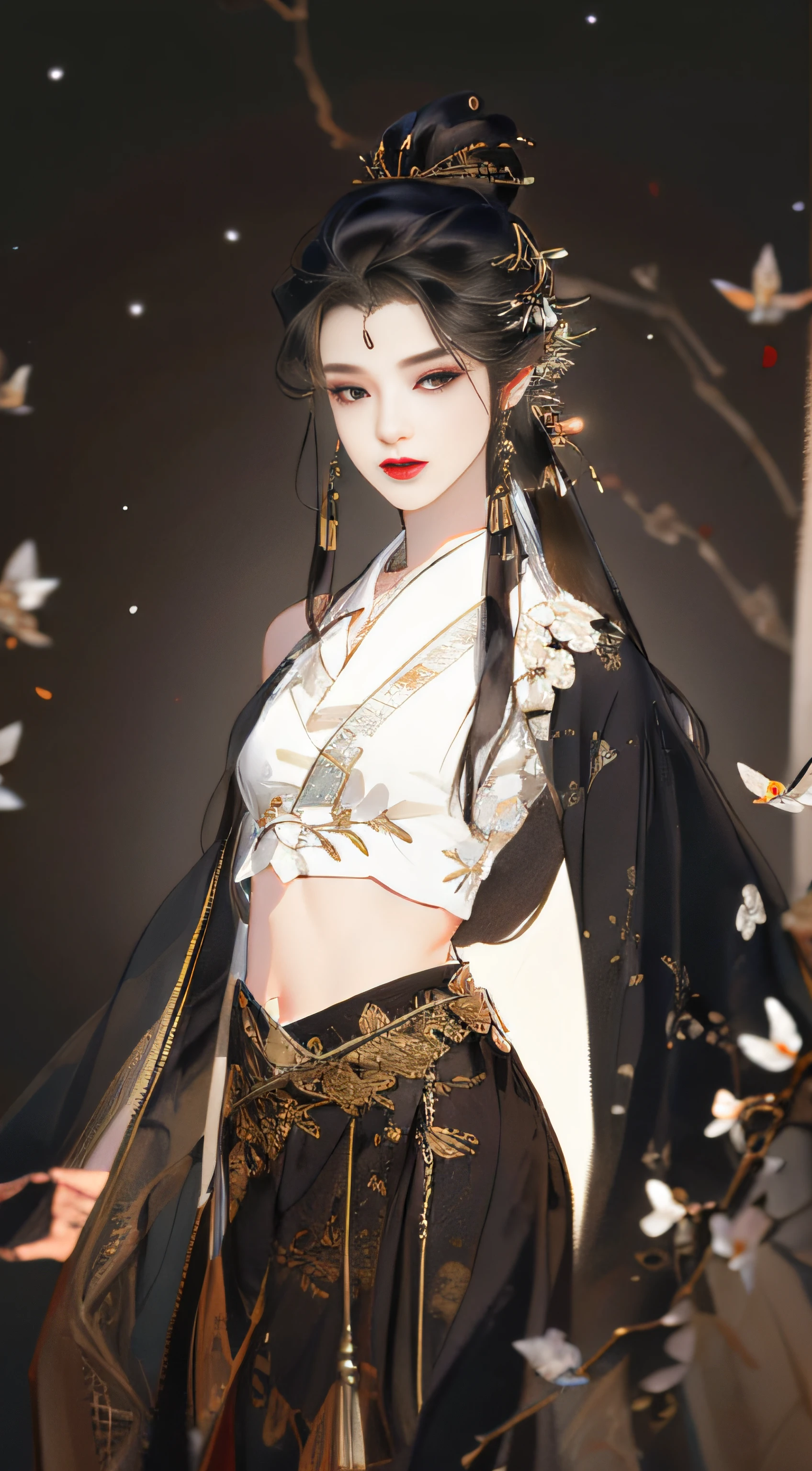 Beautiful details for girl,Very detailed eyes and face,Beautiful eye details,Super detailed,A high resolution,Very detailed,The best quality,illustration,Exquisite details,Best quality,Very detailed CG,8K wallpapers,A woman,woods,Long black hair,horsetail,Hanfu girl,blossoms,Complex textures,Streamers,navel,Shoulder,the complex background,Half body,Solo