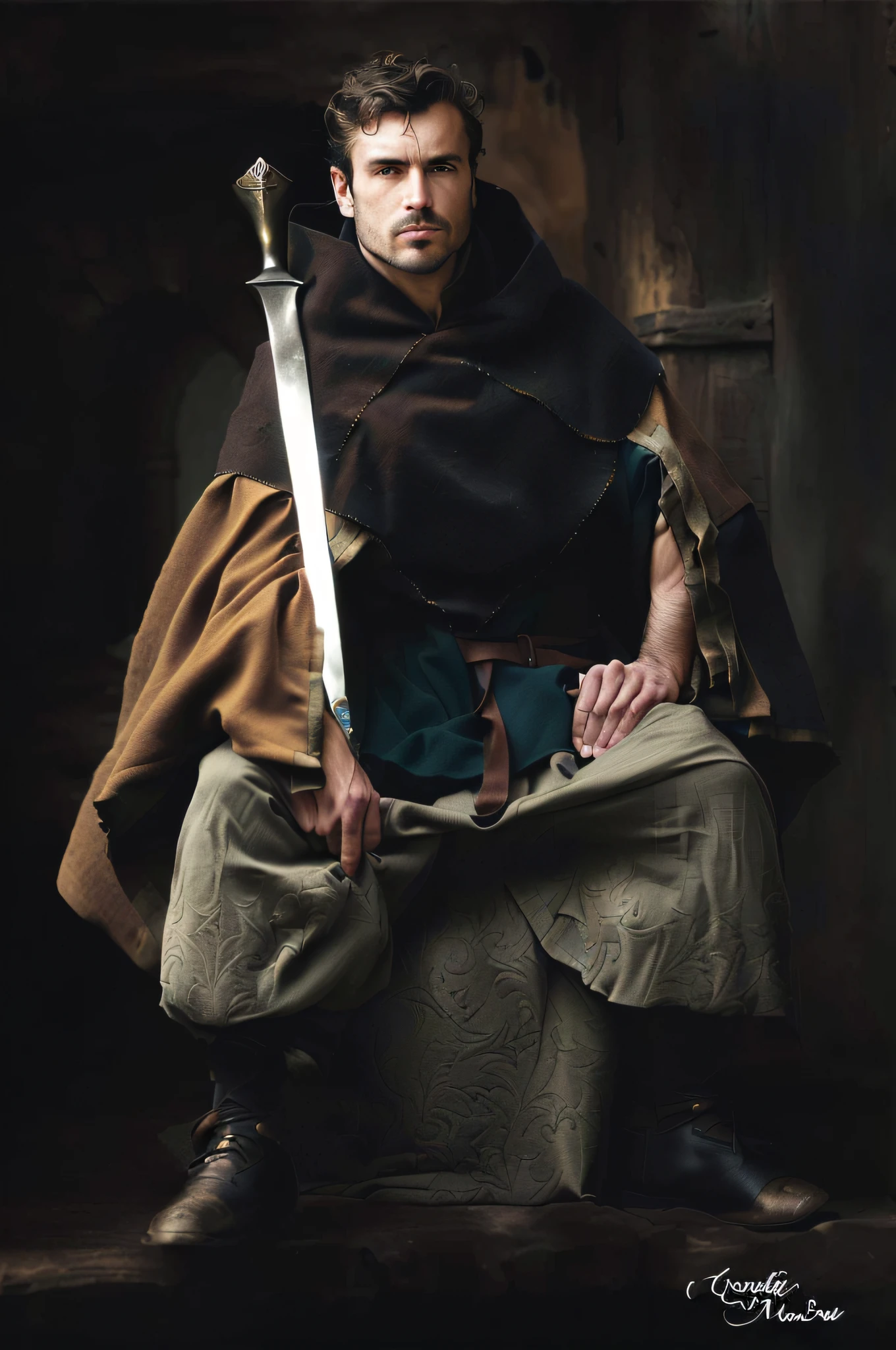 homem arafed em roupas medievais sentado em uma rocha com uma espada, cavaleiro medieval masculino robusto, traje medieval, Capa marrom, Foto do personagem de fantasia, Guerreiro medieval, estilo medieval, Sqare-jawed em roupas medievais, roupas medievais, full portrait of magical knight, vestidos com roupas medievais, retrato medieval, vestes medievais, roupas medievais, fotografia de personagens, fotografia medieval, pinturas no rosto, civatriz no rosto, viking cabelos loiros,