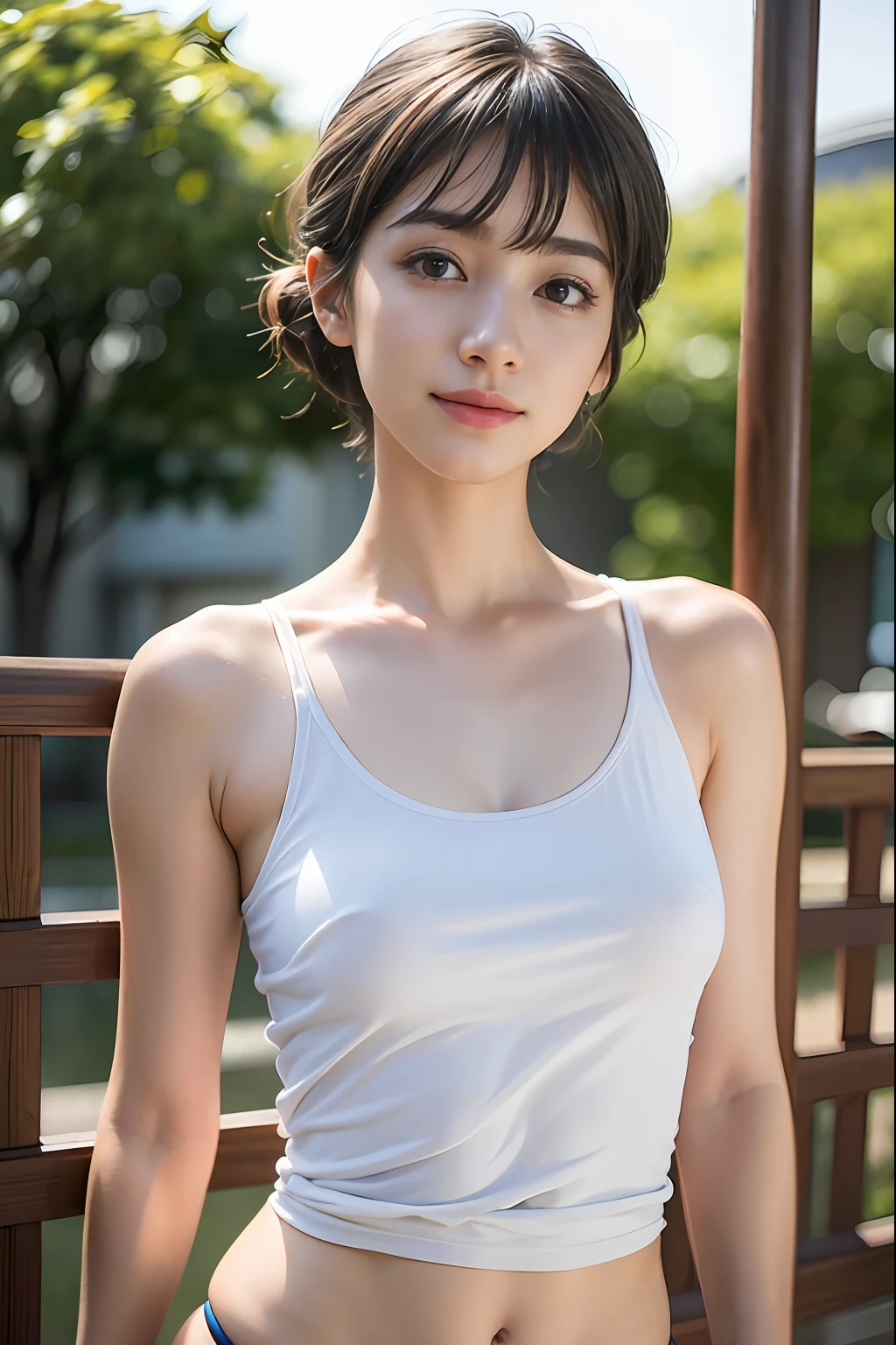 (masterpiece:1.3), (8K, Photorealsitic, RAW Photography, Top image quality: 1.4), a japanese girl、Standard body shape:1.3、(Random hairstyles:1.2)、maikurobikini:1.2、Super Detail Face、Eye of Detail、二重まぶた、Super detail armpits、foco nítido:1.2、prety woman:1.4、Light brown hair、top-quality、masterpiece、超A high resolution、(Photorealsitic:1.4)、Highly detailed and professional lighting smile、Background of the playground、Tight white TANK top、shorts、
