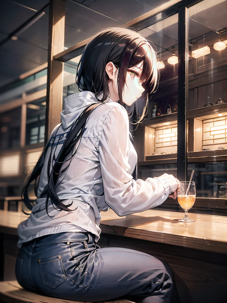 ，masterpiece, best quality，8k, ultra highres，deep in the night，Man sitting alone on the balcony，Looking out at the empty streets。Falling raindrops in the sky wet his cheeks，It was as if nature had soothed his soul。He closed his eyes gently，Plunge into a vortex of memories，Trace the beauty and pain of the past，The waves in my heart rippled again。