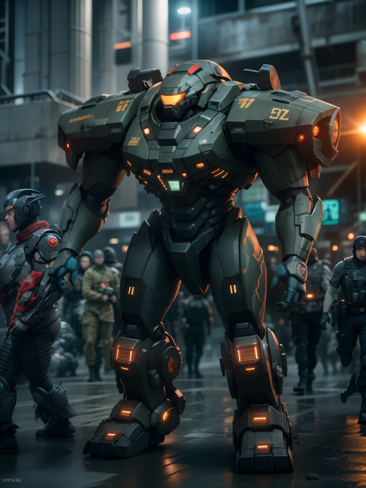 Pacific Rim, Kaiju invasion alert, global defense forces mobilized, futuristic technology, photorealistic style, captured with a Fujifilm X-T20 and a 35mm lens, bright emergency lights, military base environment.