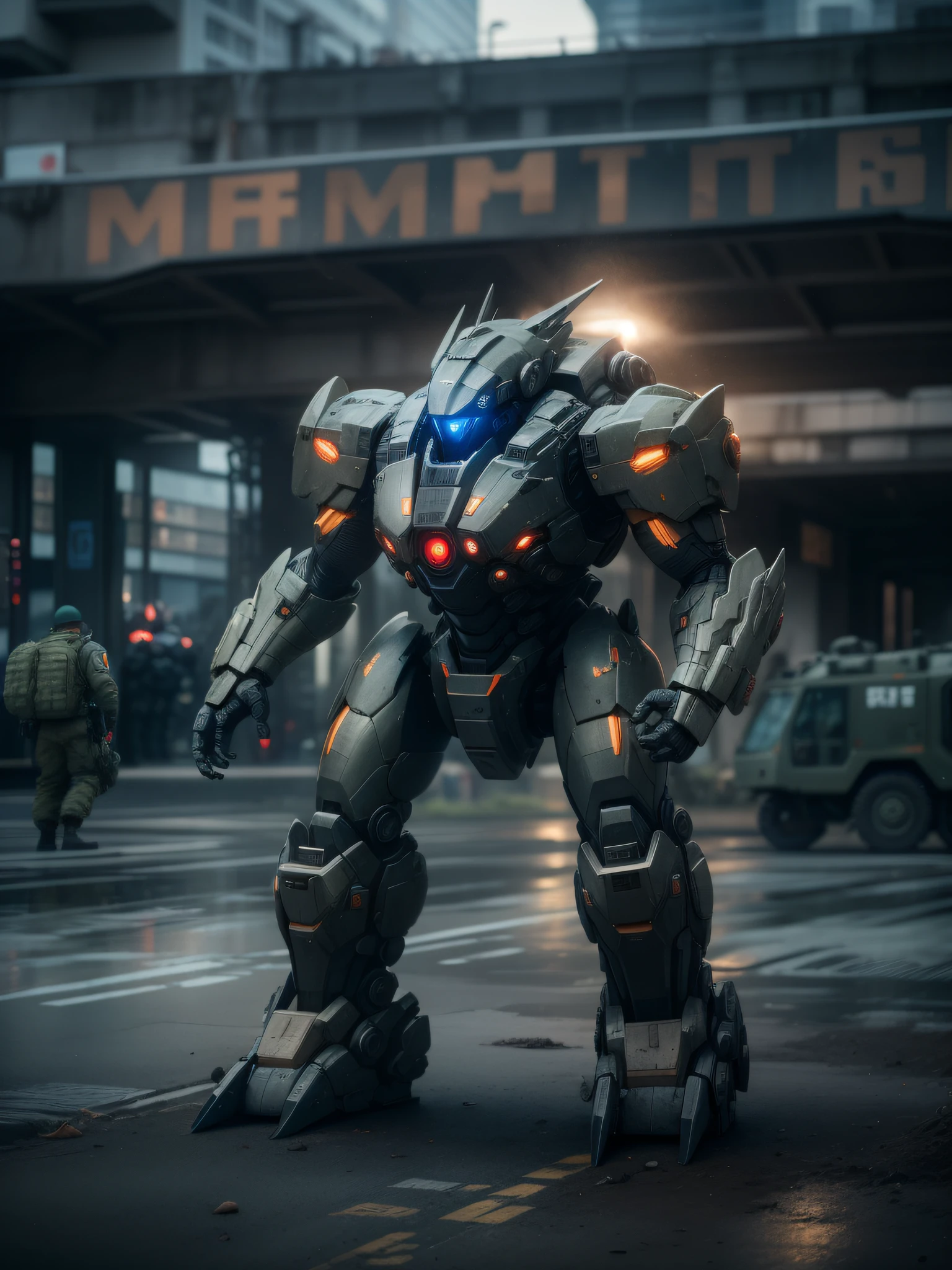 Pacific Rim, Kaiju invasion alert, global defense forces mobilized, futuristic technology, photorealistic style, captured with a Fujifilm X-T20 and a 35mm lens, bright emergency lights, military base environment.