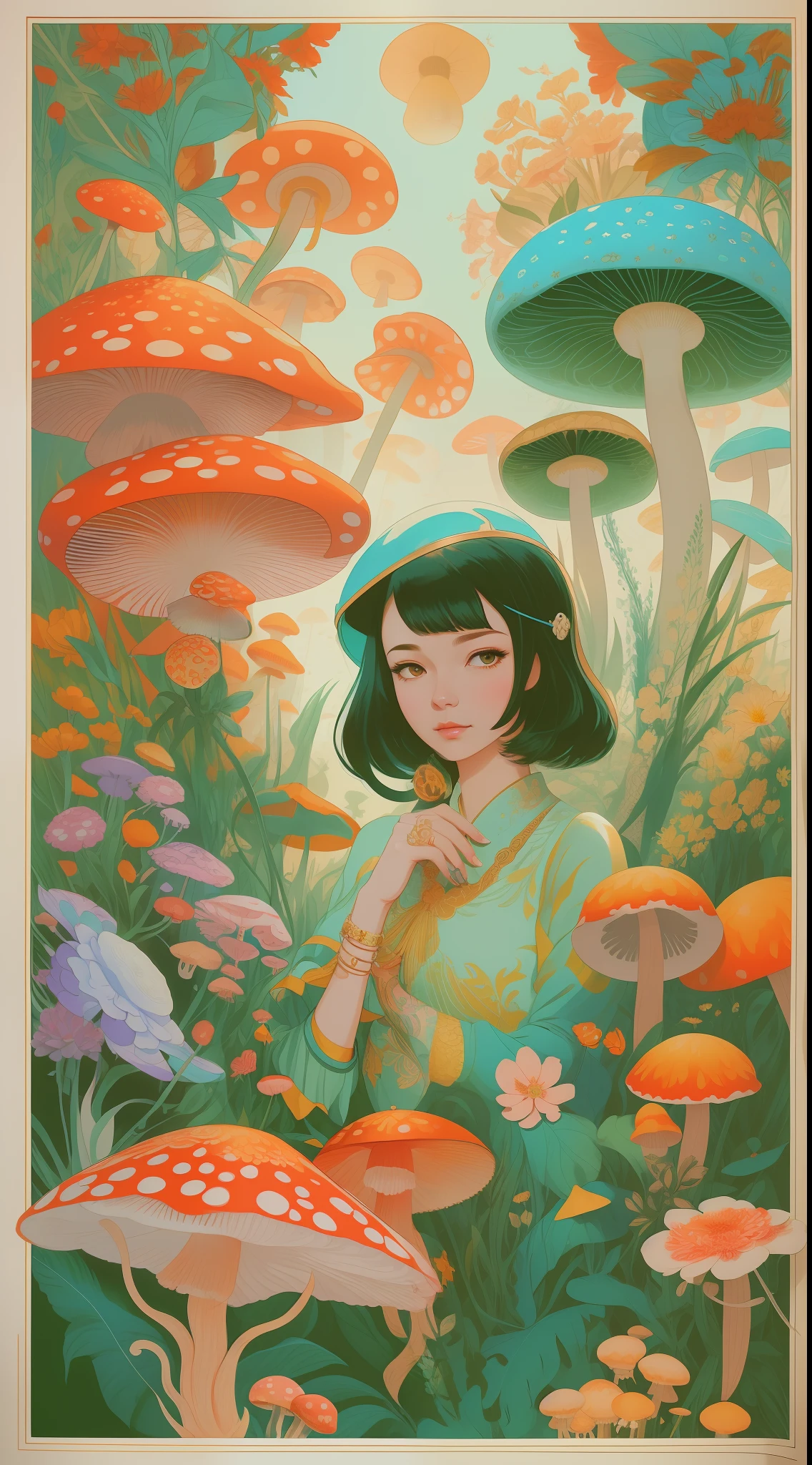 Paper craft style mushrooms and flowers by Ernst Haeckel Maria Sibylla Merian. tristan eaton, victo ngai, Art germ, RHADS, Ross draw, de kaethe butcher, hajime sorayama, greg tocchini, Virgil Finlay, Sci-fi, colours, Neon lights. Digital painting, Pisif, author:Ilya Kuvshinov sty