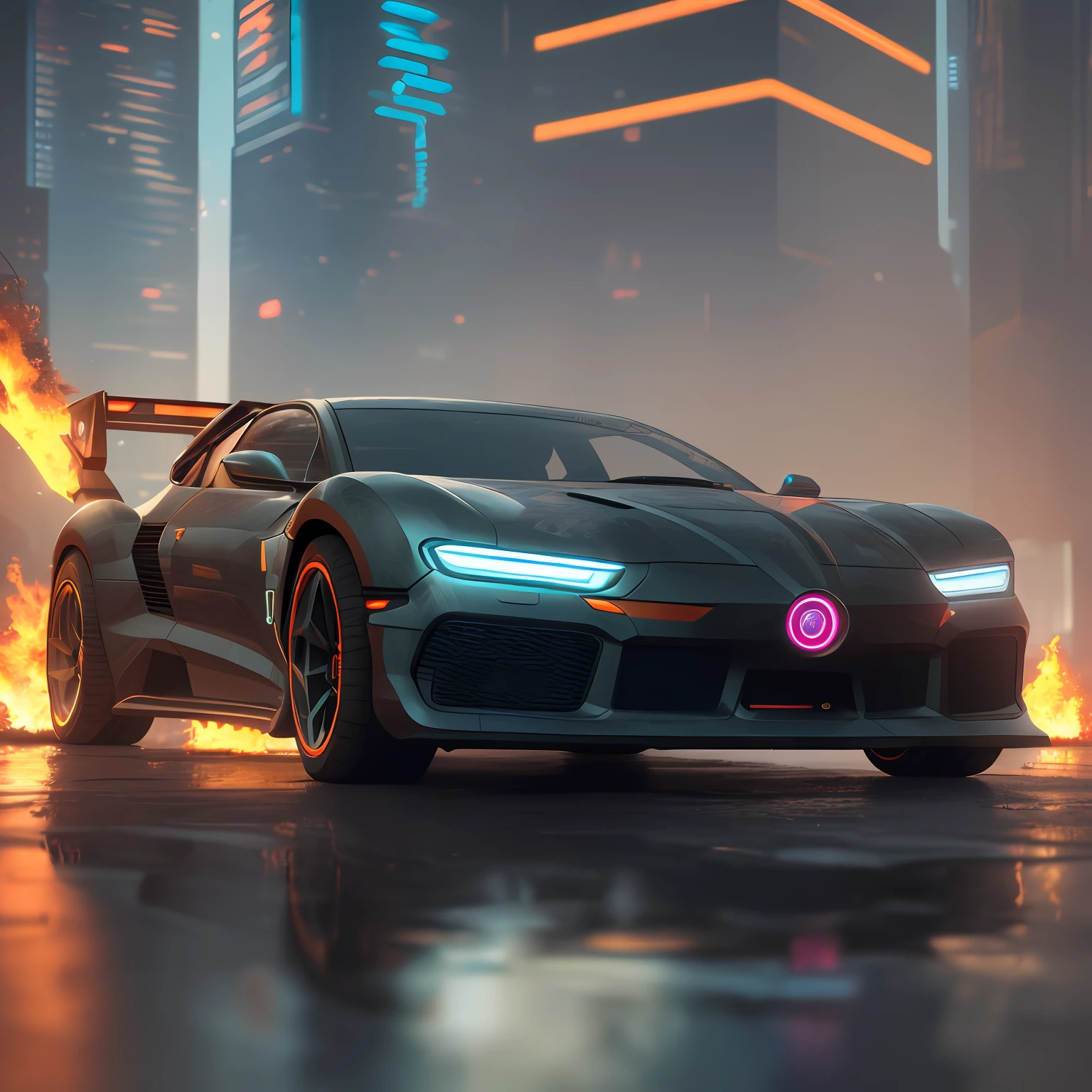 ((cyberpunk futuristic car on fire)) ((Realistic Lighting, Best Quality, 8K, Masterpiece:1.3)) Focus:1.2,Carved Abs:1.1, (Outdoor, Waterfront:1.1), City Street,