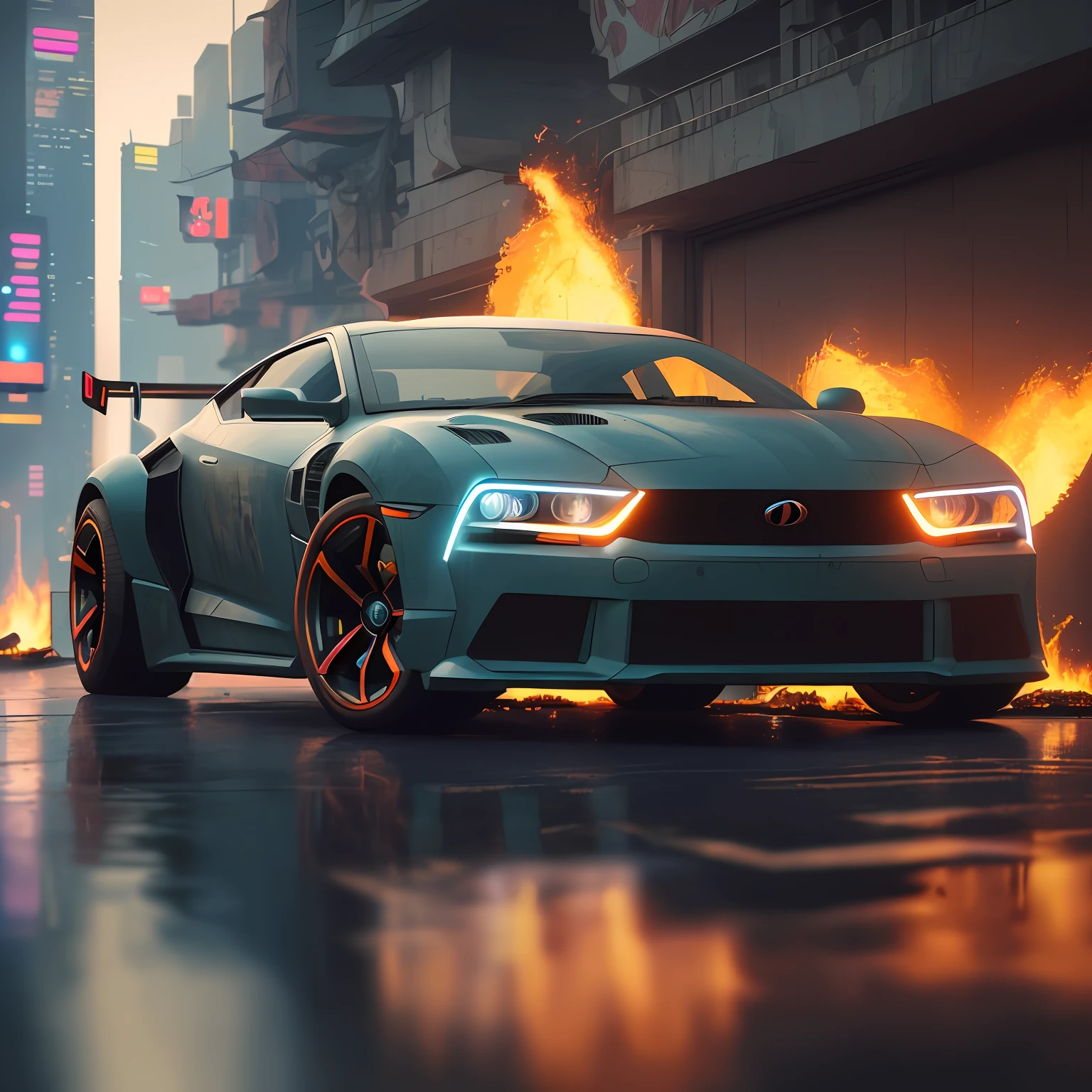 ((cyberpunk futuristic car on fire)) ((Realistic Lighting, Best Quality, 8K, Masterpiece:1.3)) Focus:1.2,Carved Abs:1.1, (Outdoor, Waterfront:1.1), City Street,