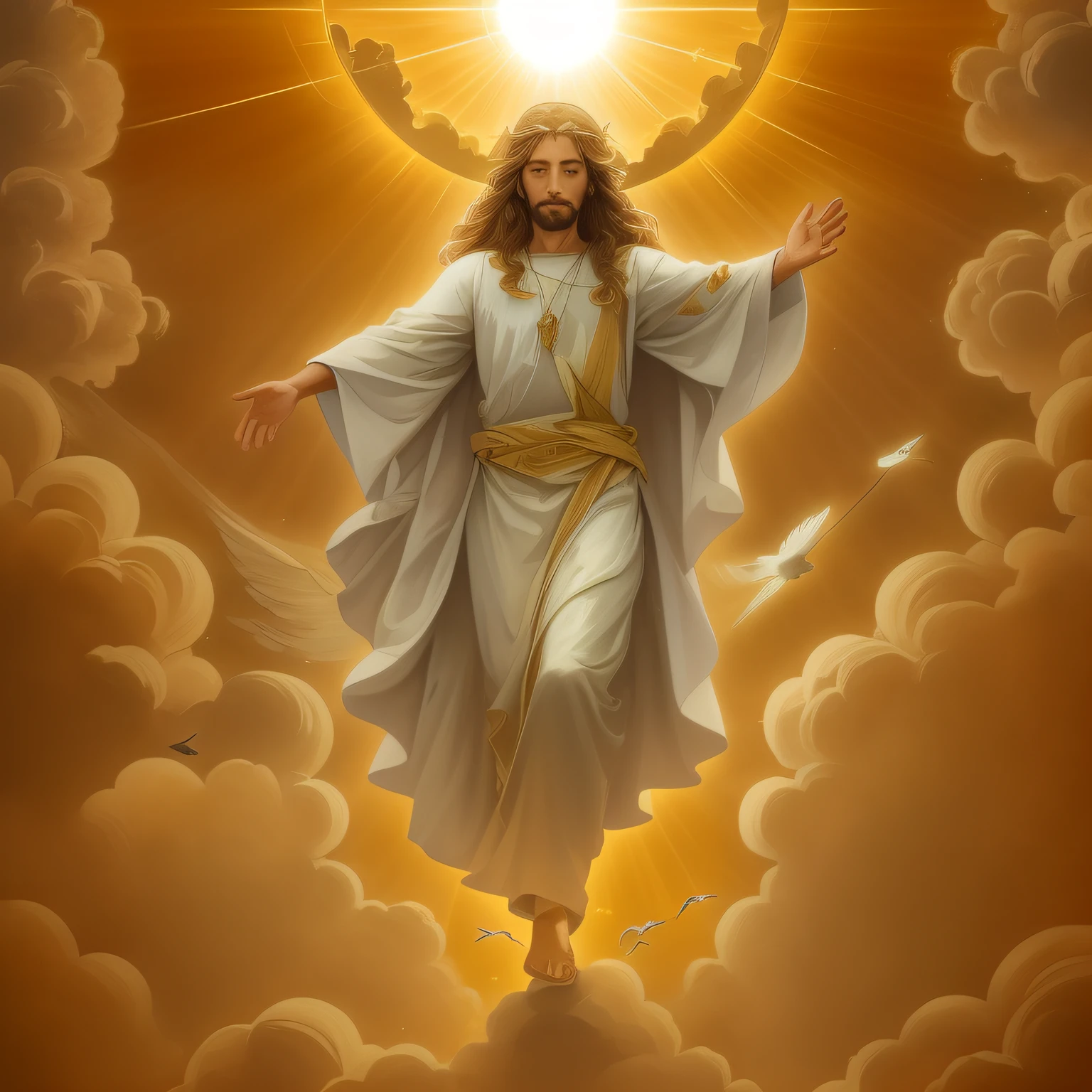 Angel is flying through the clouds with outstretched arms, deus raios solares, Retrato de um anjo Celestial, Segunda vinda, Jovem Deus Todo-Poderoso, Raios de Luz Sagrada Sagrada, arte conceitual de deus, imagens sagradas, O Senhor e Salvador, Deus do Sol, ascension, deus divino, luz celestial,