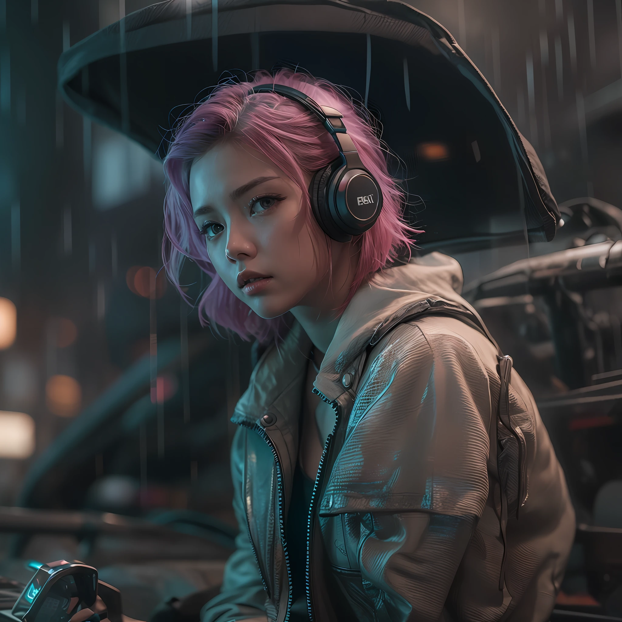 （A masterpiece of ultra-refined quality，Hyper-realistic，CG 、 8K，RAW photos），（cyber punk style：1.3，Wasteland:1.11），（cinematic lighitnglamplight，Best quality backlight，Ray traching），（Clear lines and focus，depth of fields，largeaperture）（（Playful girl girl sitting on modified jeep roof front audience，Has a natural wavy updo，eBlue eyes、Pink hair [1.1]Wear wireless headphones ，with a round face、Delicate facial features and body structure）、The skin is a PBR texture material，（Sagging breasts：1.1）、（Chest cutout：1.5），exposed bare shoulders、Transparent vest，dark areolas，Modify the robotic arm，arm tattoos），The background is the ruined streets of the city），美丽细致的眼睛，Ripped leather jacket underwear：1.2，Waste soil style）（HDR（HighDynamicRange）），Blender、c4d，dribbble、behance、Octane render rendering、arnold rendering，Unreal Five，ue4，sub surface scattering， PBR textures