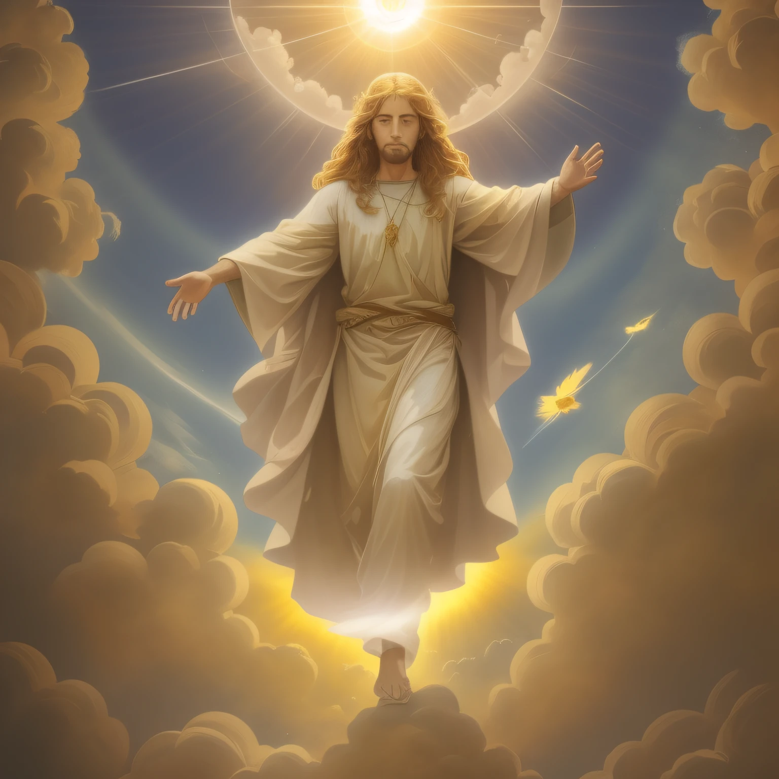 Angel is flying through the clouds with outstretched arms, deus raios solares, Retrato de um anjo Celestial, Segunda vinda, Jovem Deus Todo-Poderoso, Raios de Luz Sagrada Sagrada, arte conceitual de deus, imagens sagradas, O Senhor e Salvador, Deus do Sol, ascension, deus divino, luz celestial,