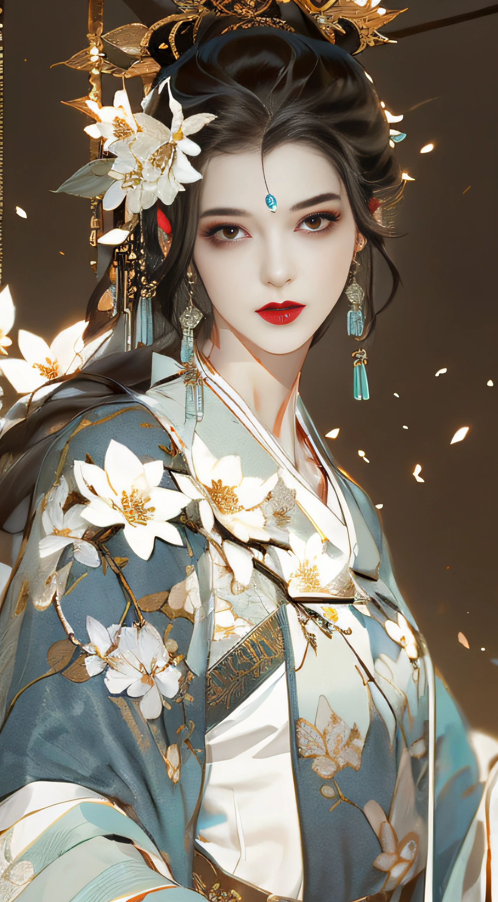 Beautiful details for girl，Very detailed eyes and face，Beautiful eye details，Super detailed，A high resolution，Very detailed，The best quality，illustration，Exquisite details，Best quality，Very detailed CG，8K wallpapers，A woman，woods，Long black hair，horsetail，Hanfu girl，blossoms，Complex textures，Streamers，navel，Shoulder，the complex background，Half body，Solo