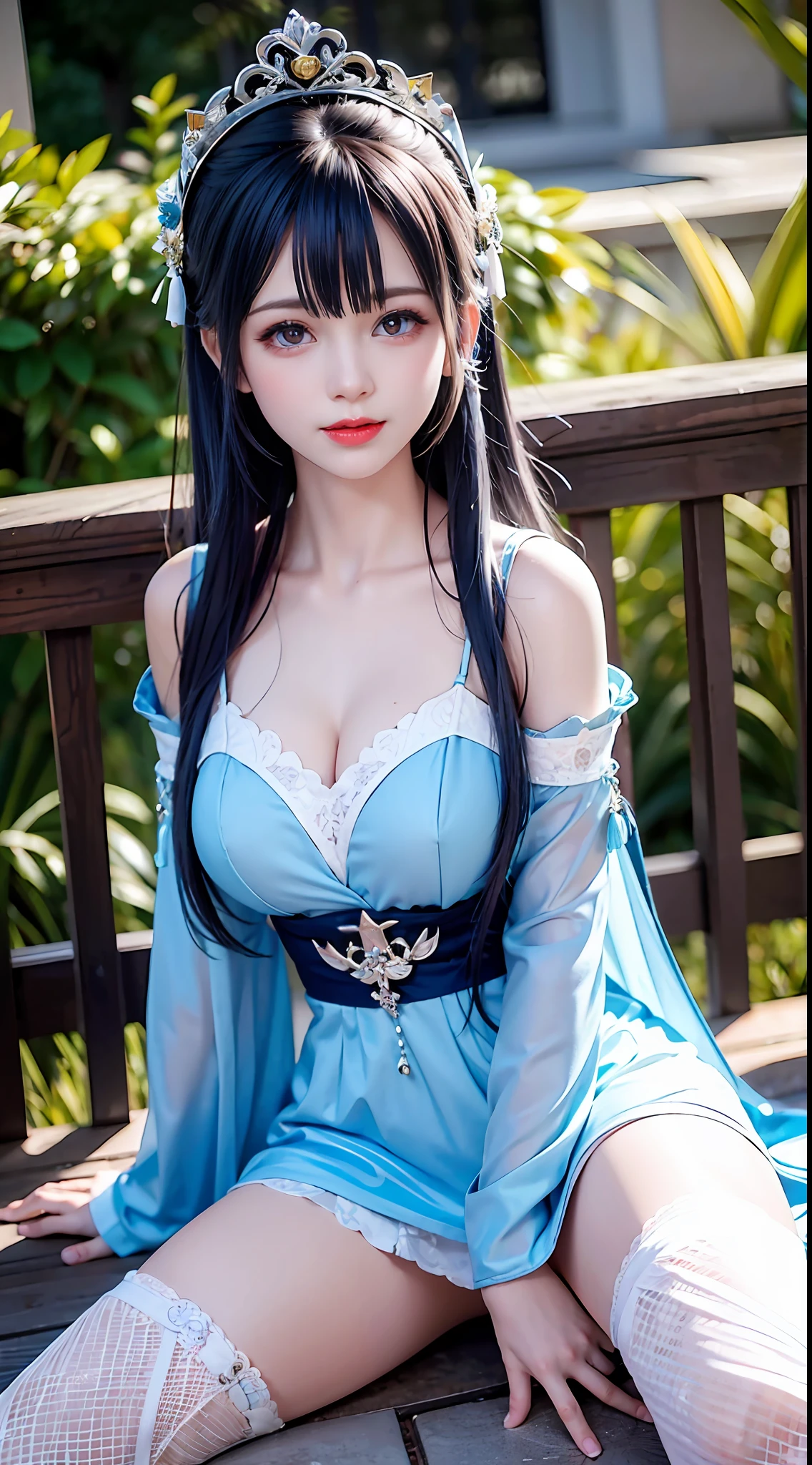 In the daytime, Dark blue sky, Lace lace clothes, short skirt, Long pink and blue hair, Long hair and waist, Beautiful age girl, oh, God, divinity, white headgear, Sit on the railing,opening legs,White lace stockings ,Stockings strangle,Hairline, slanted bangs, shairband, hair adornments, forehead jewel, Jewel branch of Paulai, Crescent hair ornaments, fish hair ornament, God Ray, glitters, cinmatic lighting, Lens glare, hyper HD, high detal, high qulity, A high resolution, best qualtiy, 8K, 16k, high detal, high qulity, super detailing, anatomy correct, tmasterpiece, ccurate