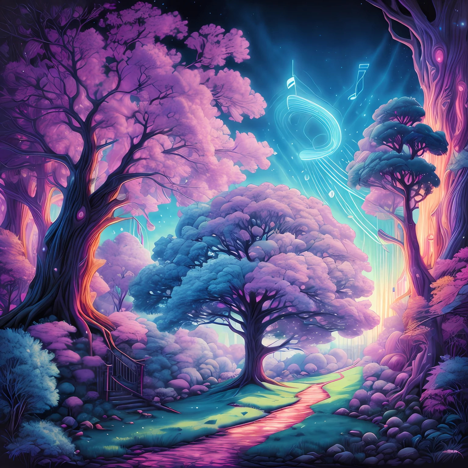 Pink magic tree emanating musical notes through the air