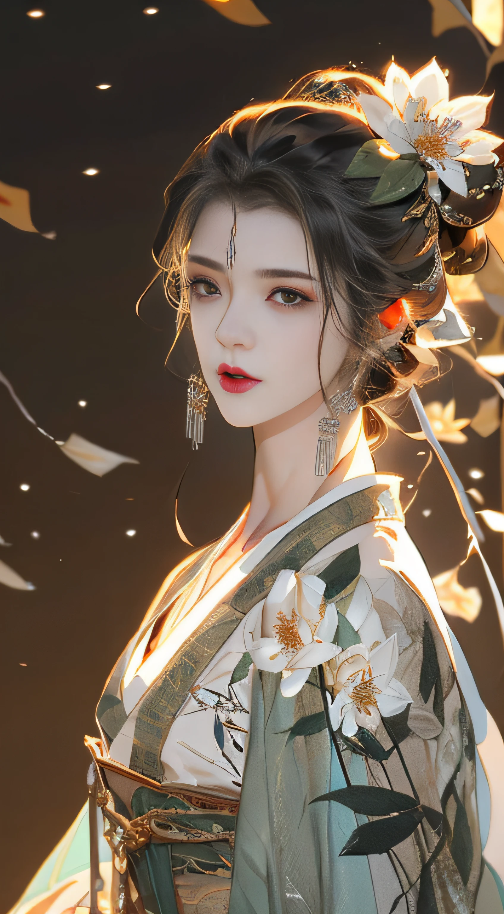 Beautiful details for girl，Very detailed eyes and face，Beautiful eye details，Super detailed，A high resolution，Very detailed，The best quality，illustration，Exquisite details，Best quality，Very detailed CG，8K wallpapers，A woman，woods，Long black hair，horsetail，Hanfu girl，blossoms，Complex textures，Streamers，navel，Shoulder，the complex background，Half body，Solo