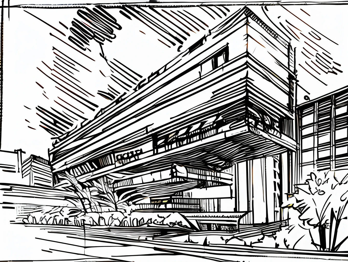 Architecture building, linear, white backgroung, black and white