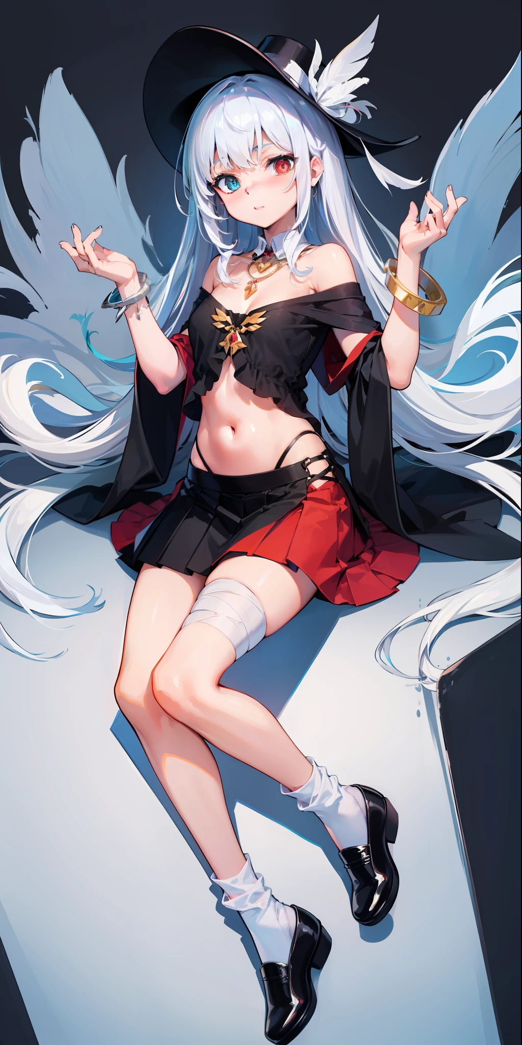 solo person,Kizi, (Black and white hair),Dyeing,White background,Large brim feather top hat, Skirt that covers half of it, Blue and black shoes, simplebackground, Black and white clothes,Expose one shoulder,A shawl that covers half of the body,Crystal necklace, full bodyesbian, Lay your hands flat,Exposes a small part of the abdomen,(Bandages around the lower abdomen),frilld,ribbon,Neck collar,Asymmetrical black and white socks,(Socks of different lengths), Masterpiece,Best quality,a beauty girl,Split color hair,Asymmetrical bangs,,spiked hair,SideBraid,Heterochromia,laughingly,Blue eyes,Red eyes,Small breasts,Collared shirt,Bracelet,Long skirt