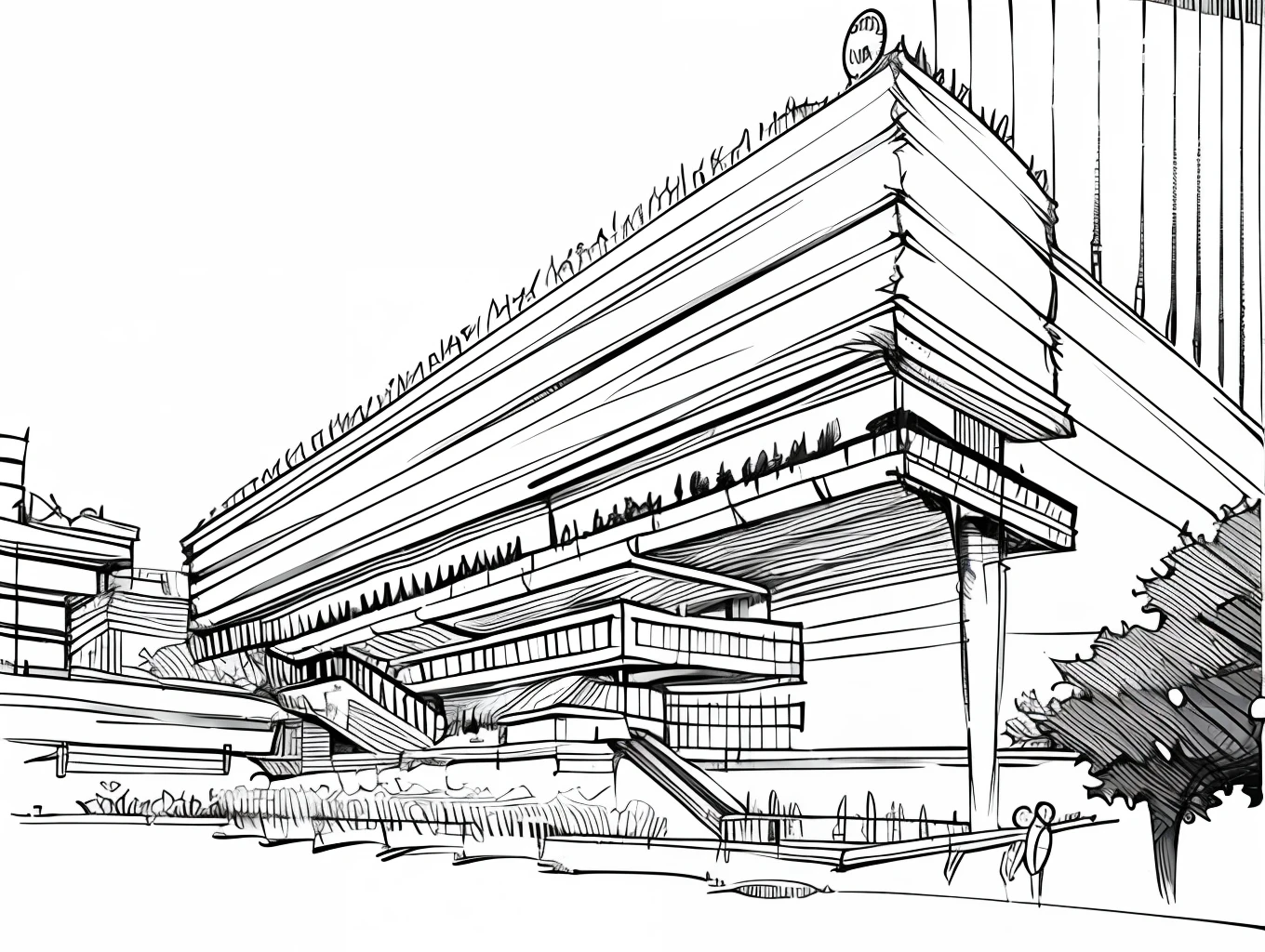 Architecture building, linear, white backgroung, black and white
