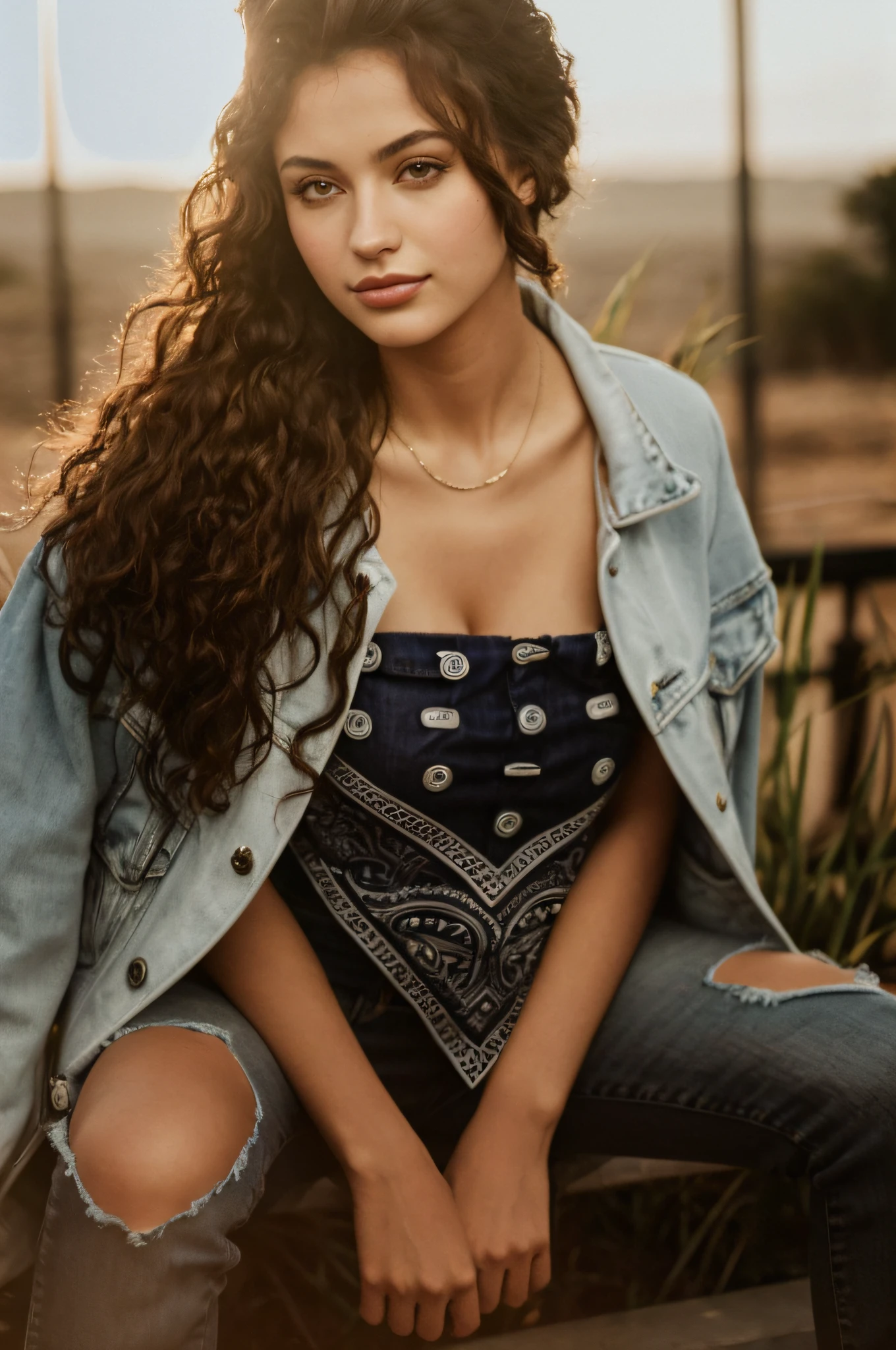 Mulher sentada em um banco com uma jaqueta jeans sobre os ombros, foto retrato de alto detalhe, foto da mulher jovem, Pose casual, fotografia casual, Retrato no meio da foto, Tiro na Hora de Ouro, medium close up portrait, mid portrait, foto de retrato detalhada, Retrato Sophie Mudd, Retrato em destaque no Unsplash, cintura para cima retrato, por do sol, hora dourada, olhos azuis