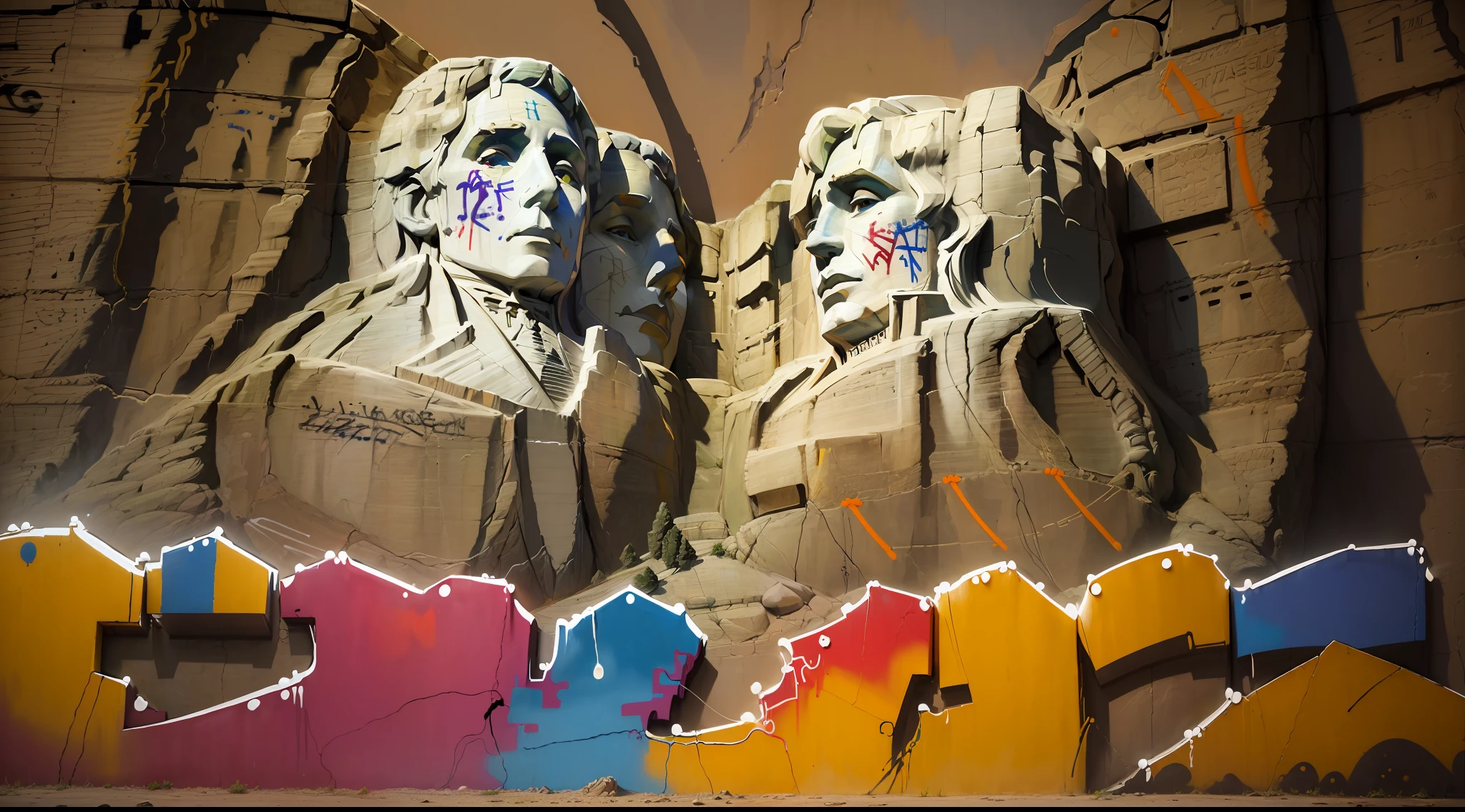 ((Best quality)), ((masterpiece)), (highly detailed:1.3), (Mount Rushmore graffiti art mural on wall:1.4),vivid colors