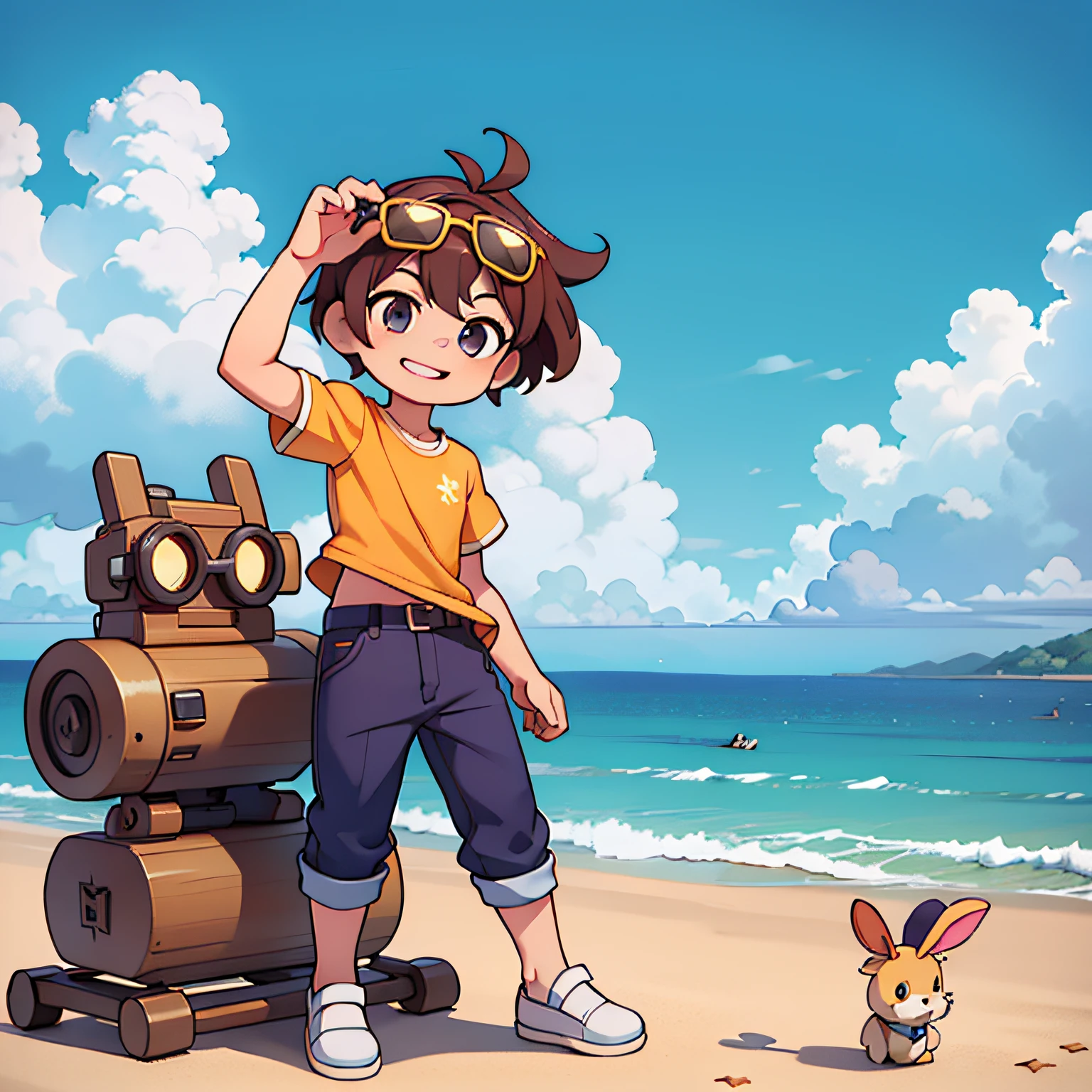 tmasterpiece， Best quality at best， 8K，1boy ， 独奏， Yellow shirt， malefocus， brown  hair， The shirt， trouser， ssmile， short- sleeved， White slippers， Skysky， sea beach，Sunglasses on the head，Abs，mizore，Machine armour wind