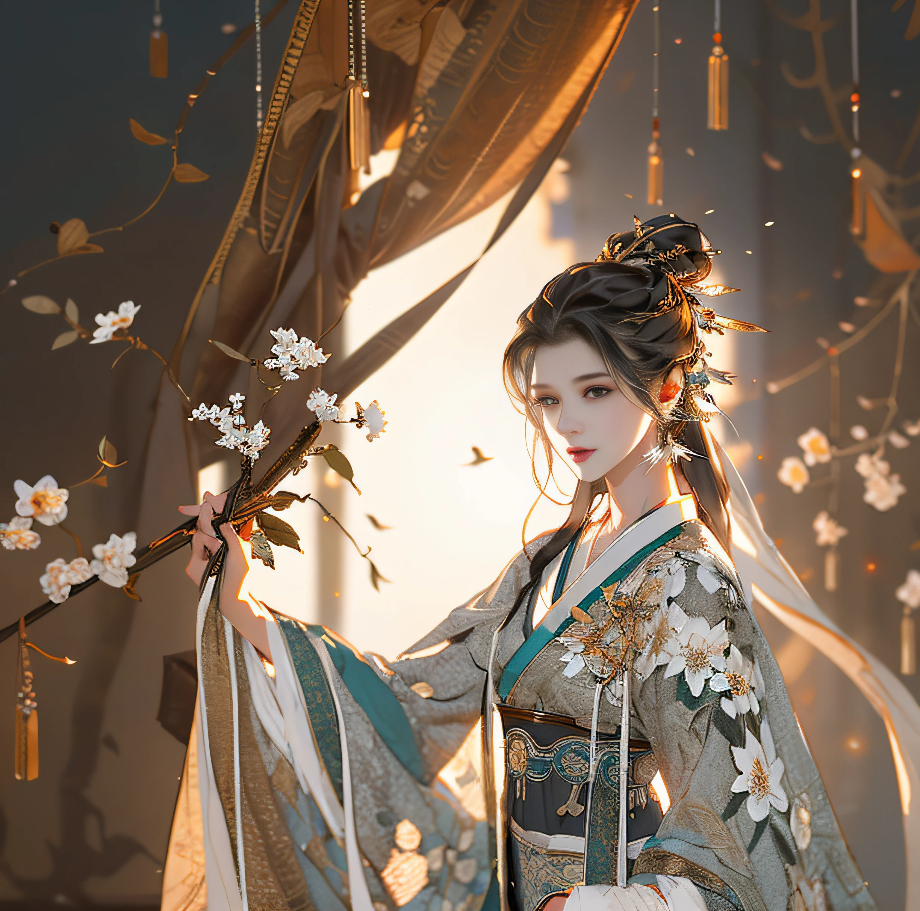 Beautiful details for girl,Very detailed eyes and face,Beautiful eye details,Super detailed,A high resolution,Very detailed,The best quality,illustration,Exquisite details,Best quality,Very detailed CG,8K wallpapers,A woman,woods,Long black hair,horsetail,Hanfu girl,blossoms,Complex textures,Streamers,navel,Shoulder,the complex background,Half body,Solo