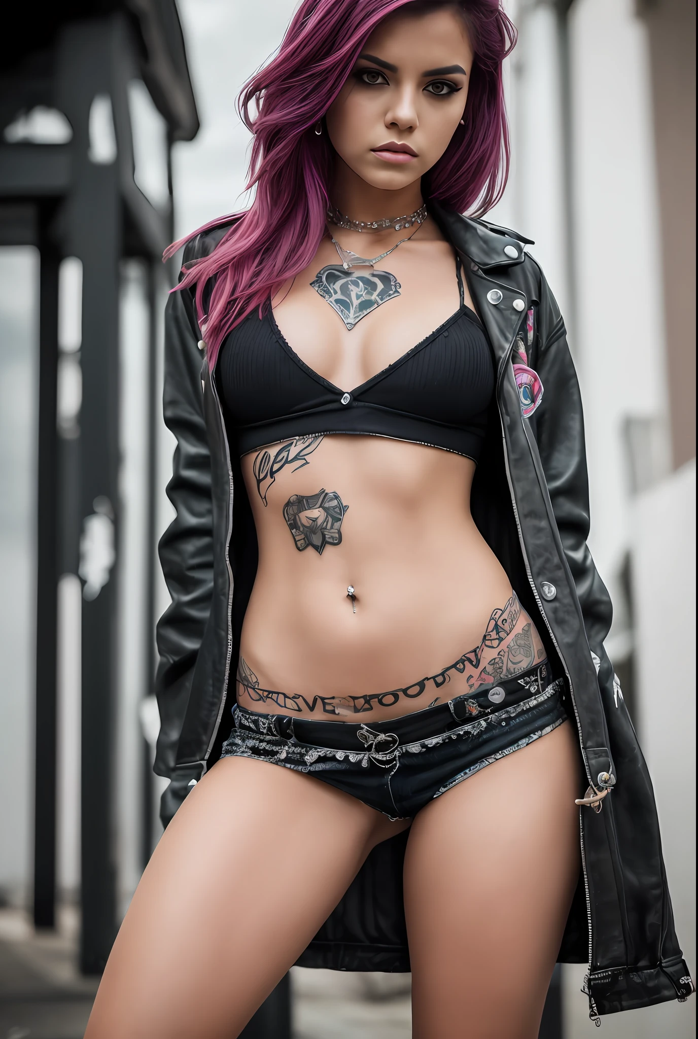 RAW PHOTO of An incredibly pretty young woman, a street punk delinquent dressed in punk-style, provocative clothes. sexy, violent, looking at the viewer, (Sidelocks: 1.3), torn clothes, piercings, jewelry, tattoos, observatory, finely detailed background, incredibly intricate background, incredibly absurd, best quality
