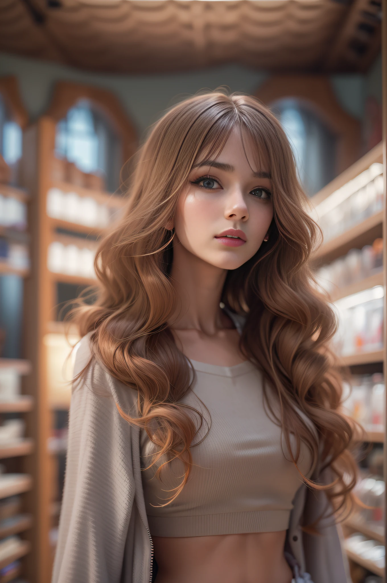 Model woman posing, very beautiful, background is a room in the museum, very long hair, gradient eyes, makeup, cinematic lighting, blind box toy style, first-person view, Canon, UHD, retina, masterpiece, ccurate, anatomically correct, textured skin, super detail, high details, high quality, award winning, best quality, highres, 1080P, HD, 4K, 8k, 16k