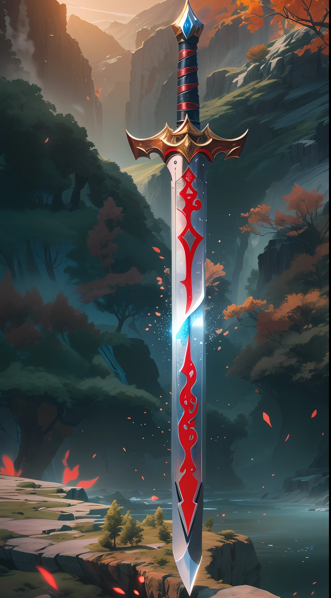 A Excalibur,The long sword body is wrapped around red and blue particle effects,Sharp light,Delicate sword hilt,Exquisite sword body,The sword has a dragon pattern,The tip of the dangling sword is downward,(The whole body is centered:1.3),Close up in the middle and near range,Fantastic Chinese landscape scene,Ultra photo realsisim,Hyper-realistic,Lots of detail,8K,Premium wallpapers,Highest image quality,3D,C4D,Master masterpieces