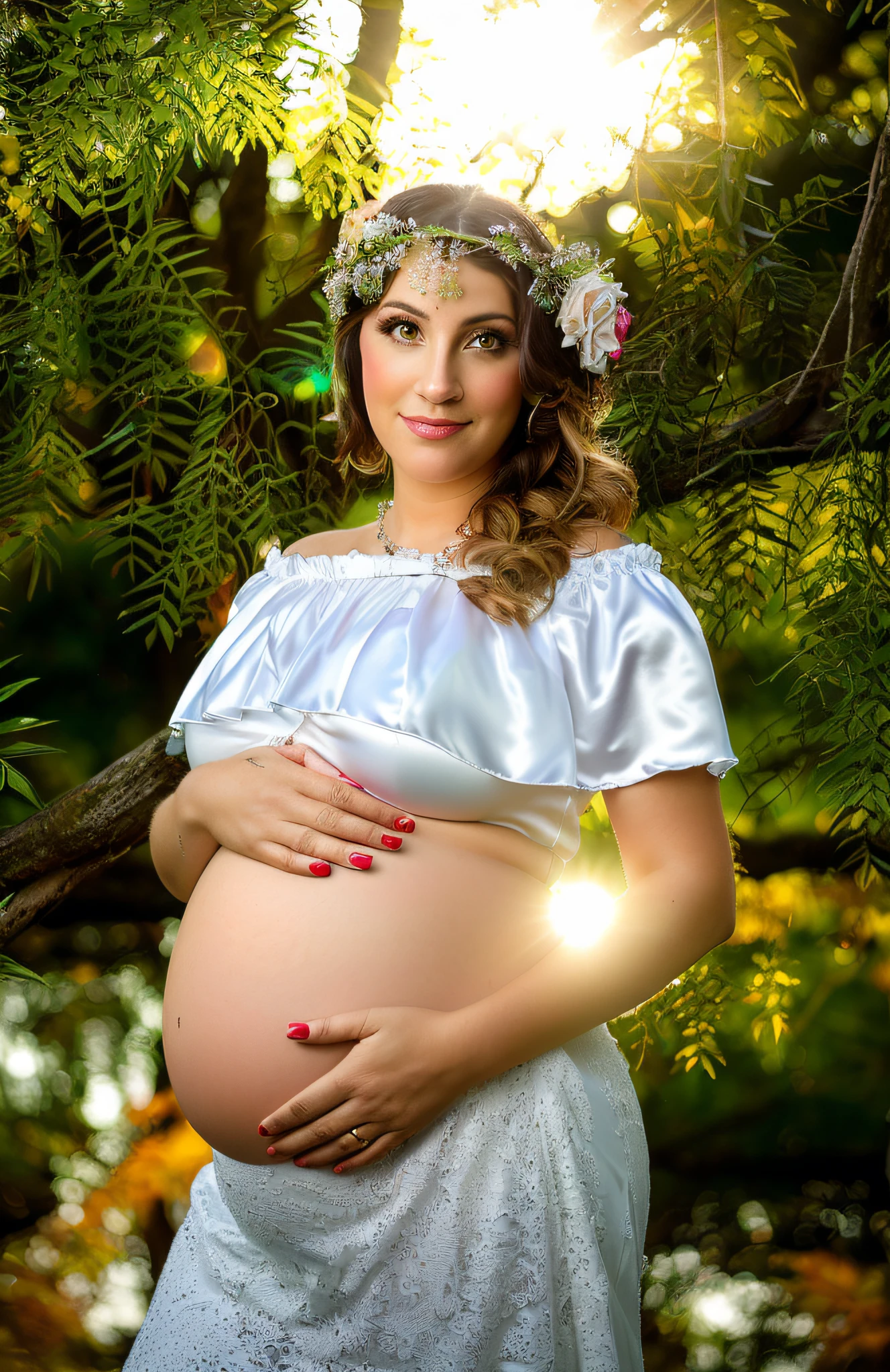 Pregnant woman in white dress standing under tree with sun shining through leaves, fotografia materna 4K, pregnant belly, pregnant, sentimento de maternidade, imagem retrato, gravidez, foto de uma bela, Amostra de foto de luz de fundo, foto de retrato, inspirado em Konstantin Somov, maternal, Foto tirada com Nikon D750, Foto tirada com Nikon D 7 5 0