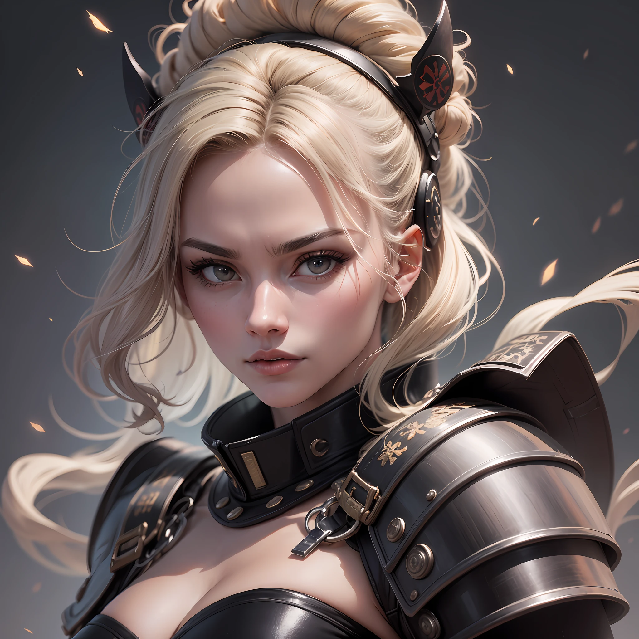 Guerreira Glorienn, 35 anos, pele clara caucasiana, intimidating appearance, rosto suado, cabelos longos prateados, olhos castanhos amarelados cativantes. She is wearing an imposing samurai armor. Create a hyperrealistic illustration with portrait lighting, no estilo de filme 70 mm, com profundidade de campo em F/22 and white balance in 32k. Use super resolution and volumetric effects for incredible detail. The pose should be dynamic and imposing. --auto --s2