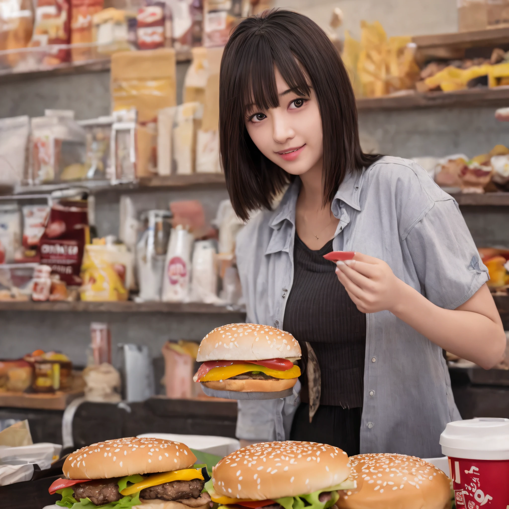 arafed girl holding a hamburger in front of a shelf of hamburgers, super realistic food picture, realistic anime 3 d style, eating burgers, realistic anime artstyle, realistic art style, anime food, anime girl in real life, realistic, serving burgers, realistic young girl, eating a burger, photorealistic girl ,