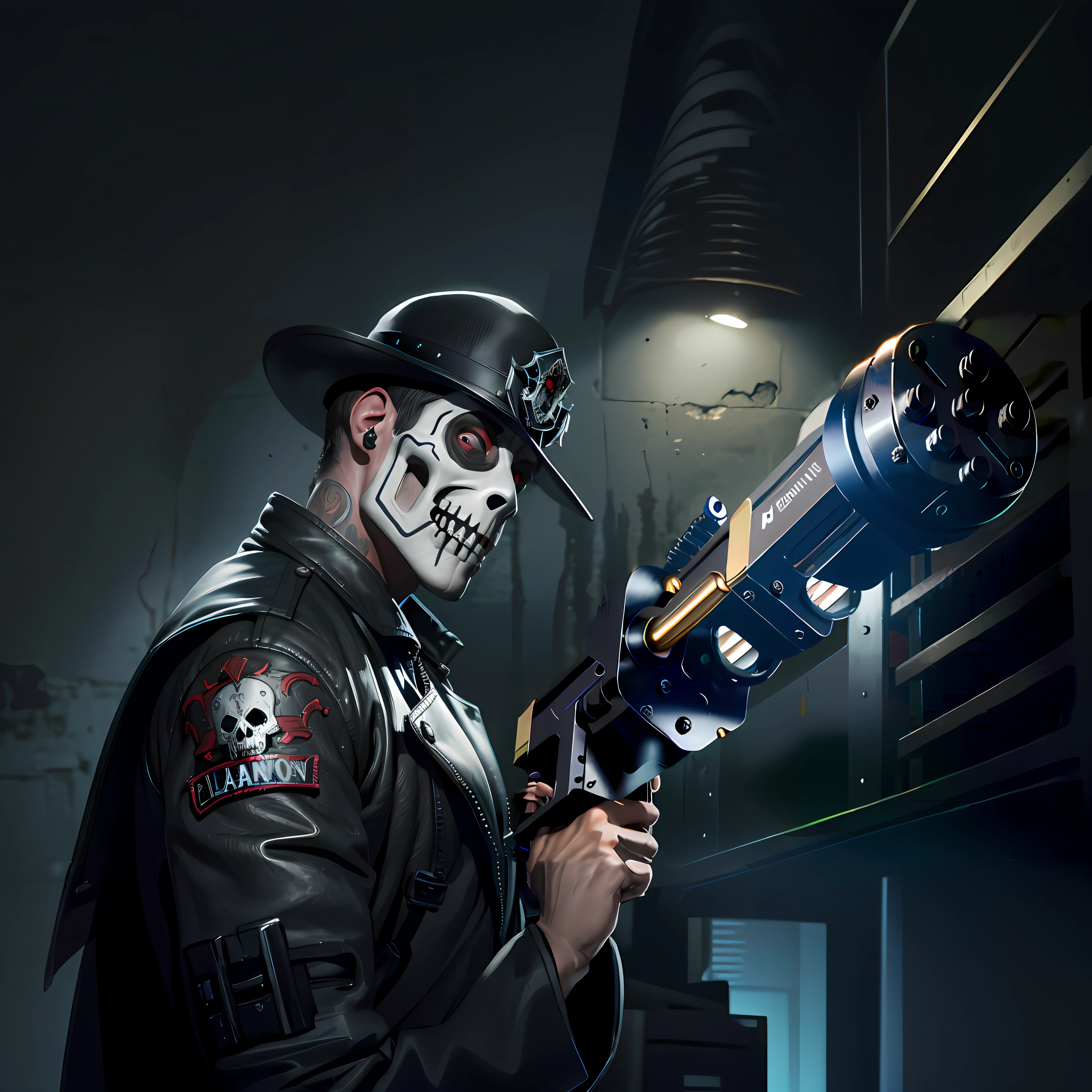 There is a man in a skeleton mask holding a gun, Shadowrun Splash Art, gungrave, Arte conceptual como Ernest Khalimov, PC captura de pantalla, Desde NCSOFT, Esqueleto cyberpunk, Irreal 5. Retrato RPG, Estilo deshonrado, Juego de disparos FPS, Ilustraciones de fondo, juego CG, Arte conceptual del juego FPS, En Game Capture 3D Render, most detail