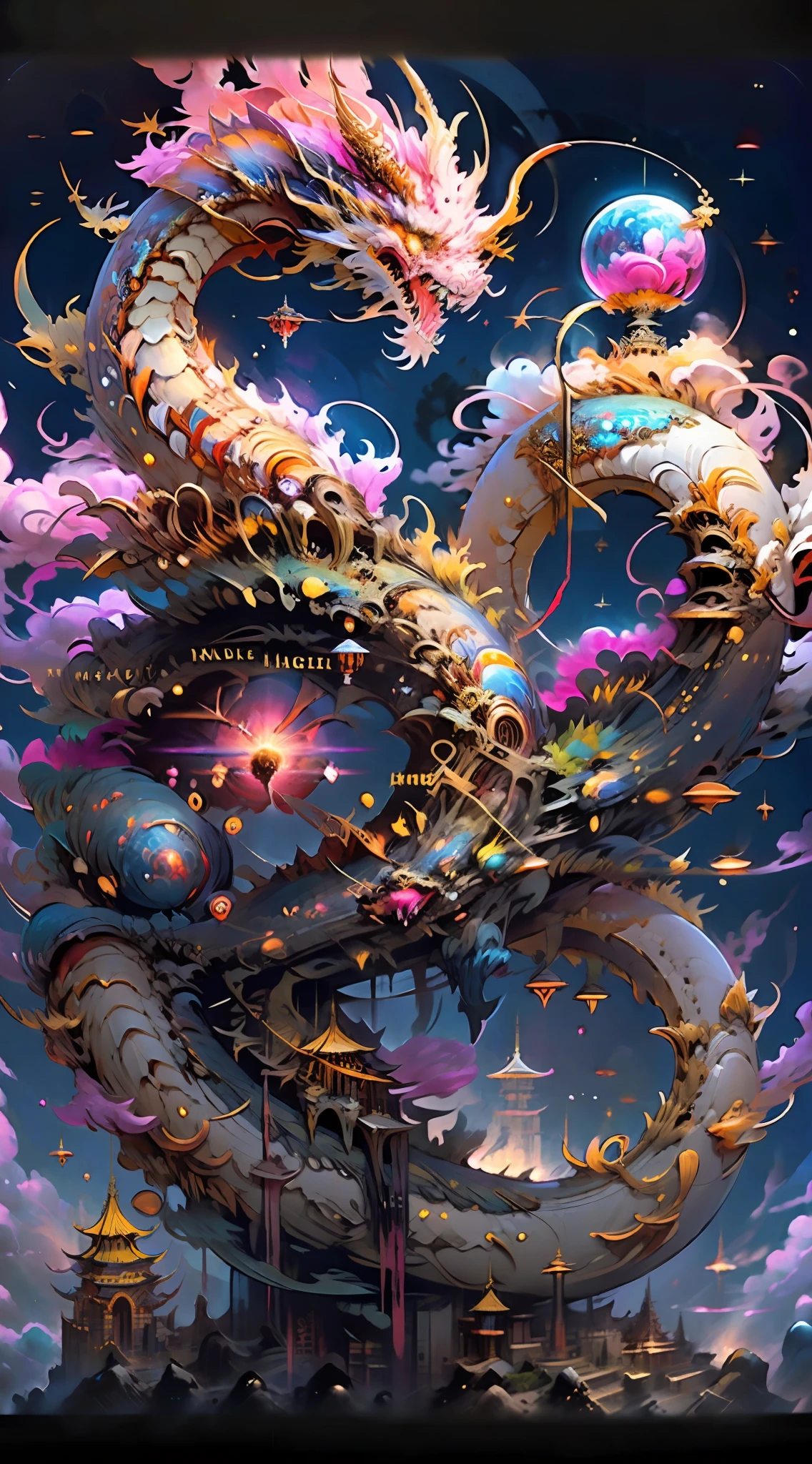 Masterpiece, ultra-high resolution, no humans, intricate details, ff14style, painting of future cities on the moon, space, stars, galaxies, planets, ((Chinese towns,)) bright colors, (length: 1), yellow eyes, clouds, scales, oriental dragon, open mouth, sharp teeth, flying, horns, teeth, claws, fangs, in a fantastical otherworldly visual style,drak sky,flower