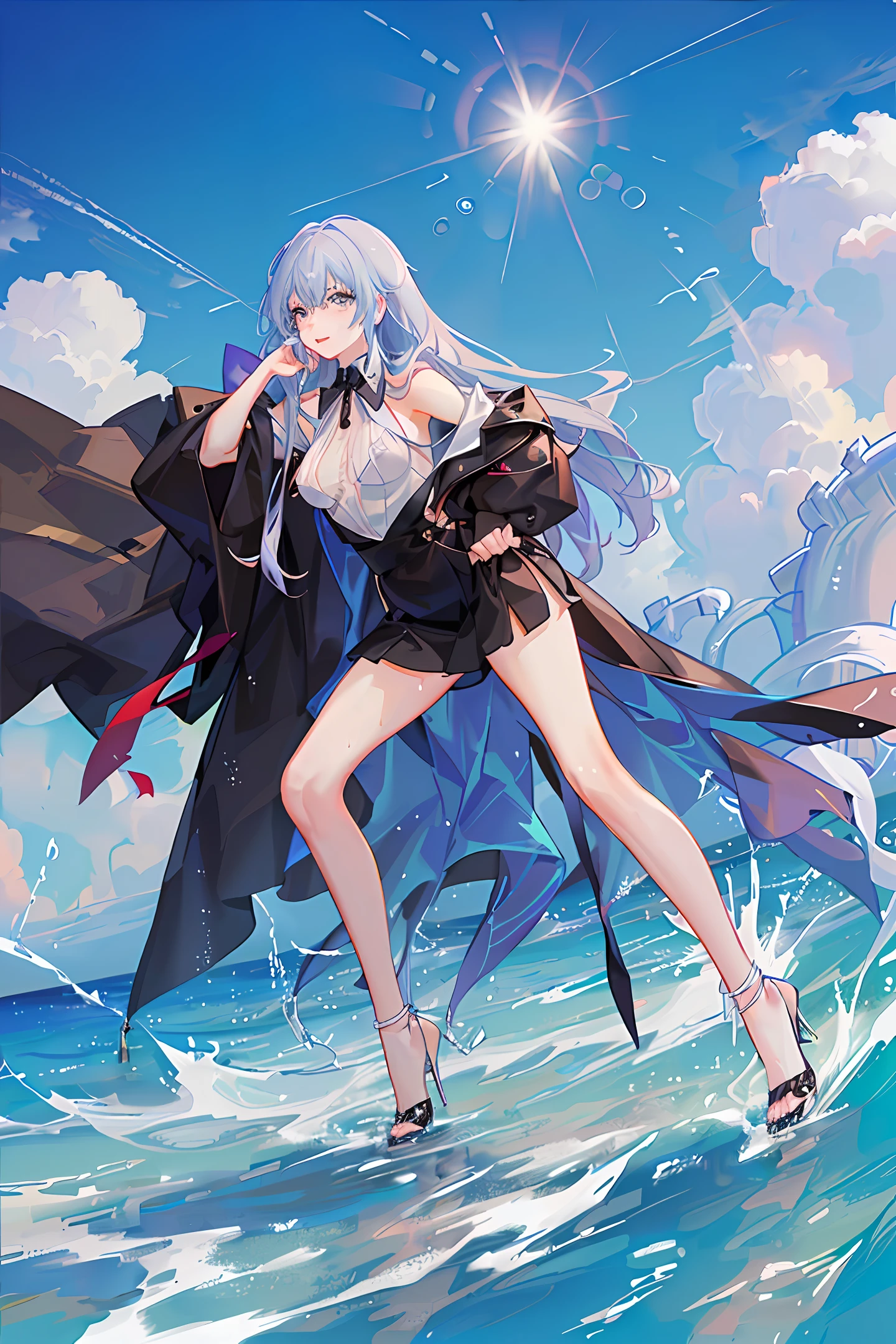 A two-dimensional anime Jk white silk girl who gets wet after a storm