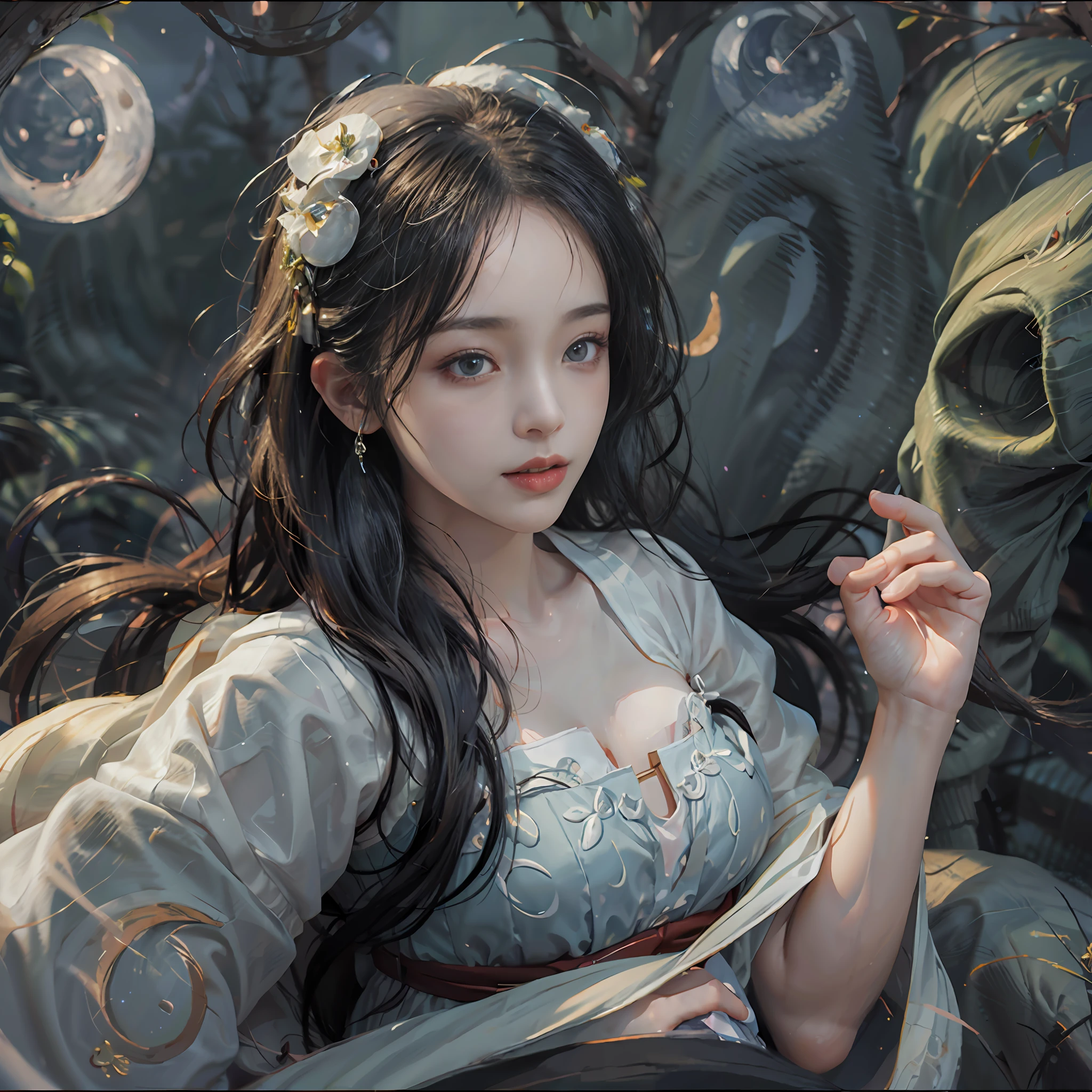 a 20-year-old woman, a girl Chinese fairy, gloom face, beautiful Chinese fairy tale face, beautiful face without flaws, slender body, fair skin, thin and beautiful lips, soft smile, keep your mouth shut again, (The scene of the moonlight is magical:1.8), the full moon shines, moonlight, the moon, (luxury house in ancient Chinese style:1.2), Chinese-style bun hair, shiny black hair, flying hair, long hair, blue eyes sad gaze, twinkle eyes, big round eyes and very nice and detailed makeup , holy woman body, breasts round, big and round breasts, a beautiful face in detail and well-proportioned eyes, meticulous makeup, drooping arms, Realistic and vivid images, stars that make up the sky, sexy body, most beautiful eyes, picture perfect eyes, beautiful saint and flowers, jewelry, beautiful face, upper body, hanfu, high resolution, best quality, best photo, 8k quality, 8k ultra, surreal, best real life photo, hdr, high skin detail, Bokeh, Smooth and sharp, 10x pixel increase, fictional art, 8k CGI, realistic, medium shot, (upper body), (white hanfu:1.8), by Mappa, five finger,
