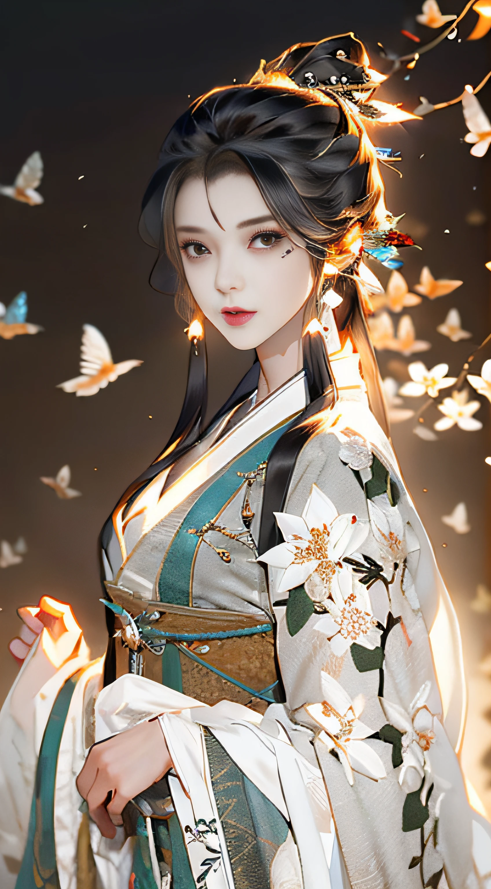 Beautiful details for girl，Very detailed eyes and face，Beautiful eye details，Super detailed，A high resolution，Very detailed，The best quality，illustration，Exquisite details，Best quality，Very detailed CG，8K wallpapers，A woman，woods，Long black hair，horsetail，Hanfu girl，blossoms，Complex textures，Streamers，navel，Shoulder，the complex background，Half body，Solo