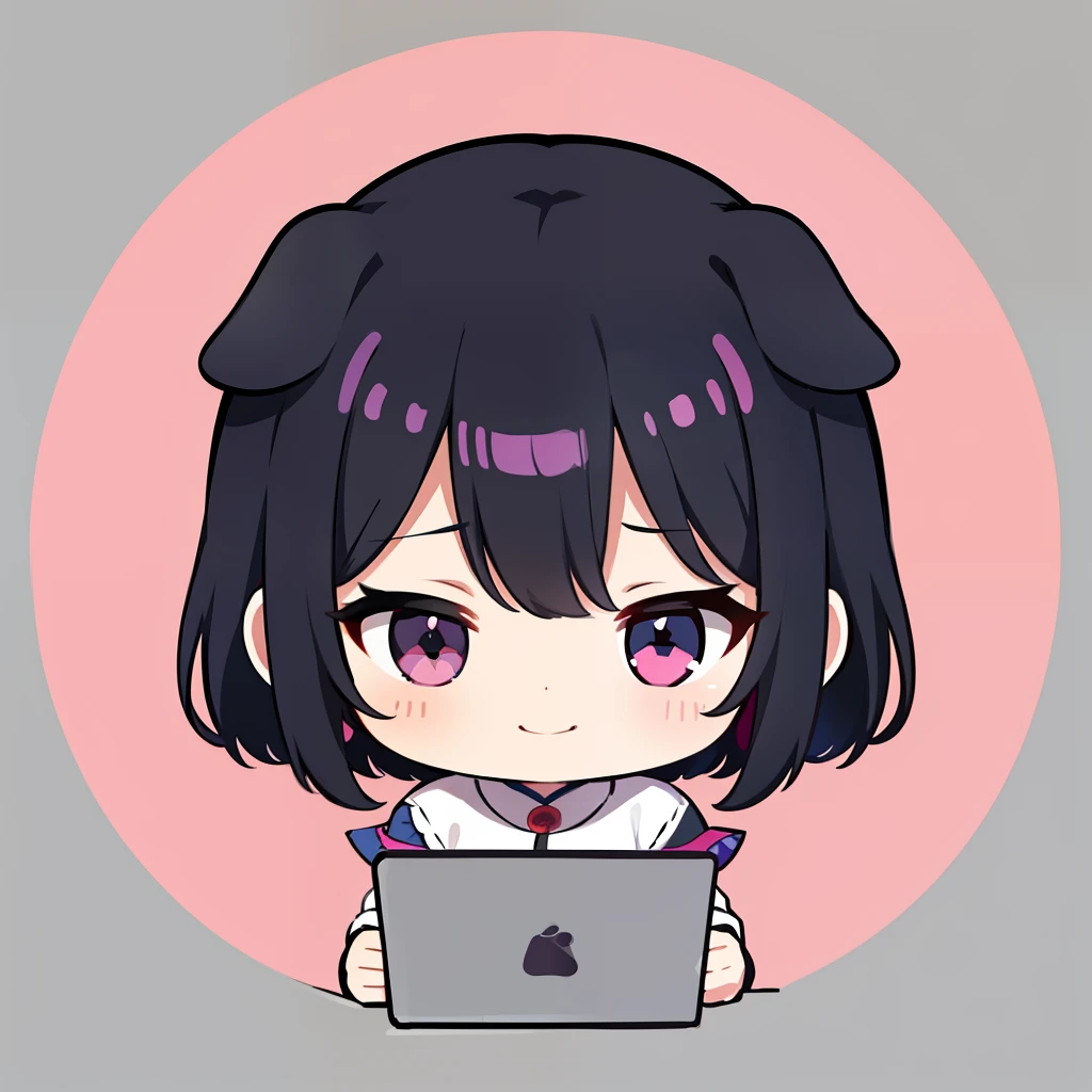 超A high resolution, nffsw, Best aesthetic, Best Quality, masutepiece, Flat Avatar, Perfect litthing、(colourfull、vivd colour: 1.4)、a Dog、I am using a computer, Has iridescent hair,　is shy, A smile, hair adornments, Chibi, simple background, 耳环, jewely, side locks, large oval eyes,Flat Avatar,  simple background, A dark-haired,