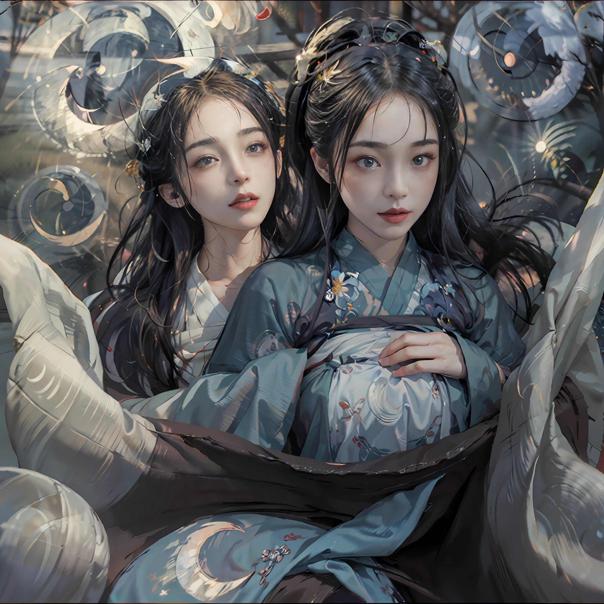 a 20-year-old woman, a girl Chinese fairy, gloom face, beautiful Chinese fairy tale face, beautiful face without flaws, slender body, fair skin, thin and beautiful lips, soft smile, keep your mouth shut again, (The scene of the moonlight is magical:1.8), the full moon shines, moonlight, the moon, (luxury house in ancient Chinese style:1.2), Chinese-style bun hair, shiny black hair, flying hair, long hair, blue eyes sad gaze, twinkle eyes, big round eyes and very nice and detailed makeup , holy woman body, breasts round, big and round breasts, a beautiful face in detail and well-proportioned eyes, meticulous makeup, drooping arms, Realistic and vivid images, stars that make up the sky, sexy body, most beautiful eyes, picture perfect eyes, beautiful saint and flowers, jewelry, beautiful face, upper body, hanfu, high resolution, best quality, best photo, 8k quality, 8k ultra, surreal, best real life photo, hdr, high skin detail, Bokeh, Smooth and sharp, 10x pixel increase, fictional art, 8k CGI, realistic, medium shot, (upper body), (white hanfu:1.8), by Mappa, five finger