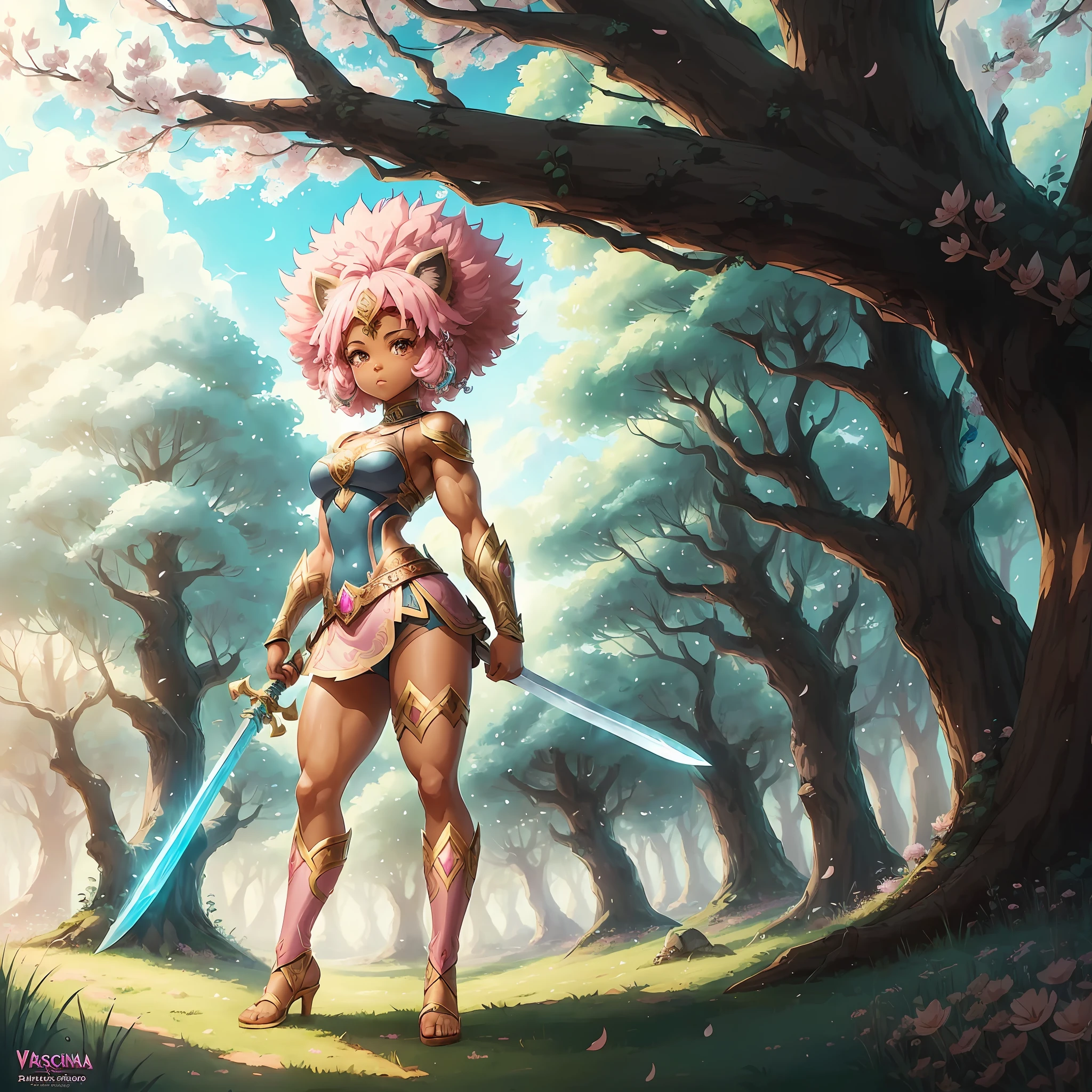 Full body cute anime, Stylish chibi animation, Only one person, standing on the grass, Female warrior with sword in the forest, Muscular woman, Pink Afro Very Beautiful Face, Only one woman, Fashionable, Afropunk, Soft touch, Cute animations, Raccoon headdress, Vivid Color Epic Fantasy Cute Artwork, Fashionable Chibi Anime, Fluffy realistic watercolor style, epic fantasy art style, Animated Fantasy Cute Artwork,. Epic Fantasy Cute Art Style, Muscular cute hero, character art, Cute fantasy art, --auto
