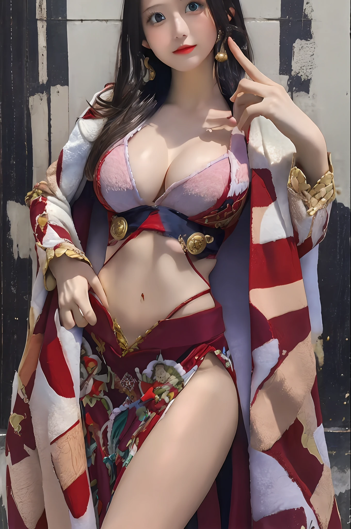 masterpiece, best quality, highres, hancock1, 1girl, boa hancock, large breasts, long hair, epaulettes, cape, side slit, cowboy shot, standing, looking at viewer, sexy pose, safe for work, hands behind, perfect finger,
