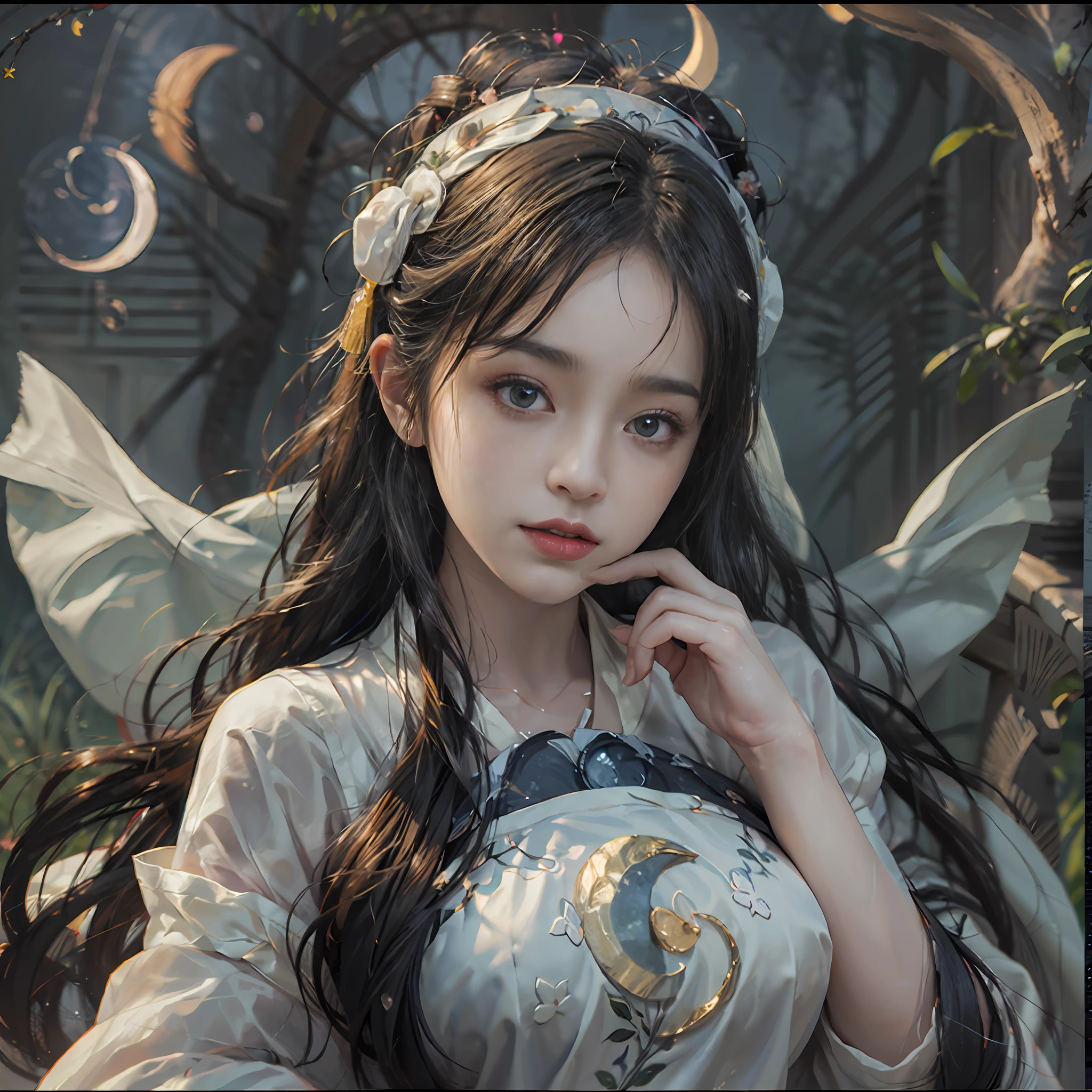 a 20-year-old woman, a girl Chinese fairy, gloom face, beautiful Chinese fairy tale face, beautiful face without flaws, slender body, fair skin, thin and beautiful lips, soft smile, keep your mouth shut again, (The scene of the moonlight is magical:1.8), the full moon shines, moonlight, the moon, (luxury house in ancient Chinese style:1.2), Chinese-style bun hair, shiny black hair, flying hair, long hair, blue eyes sad gaze, twinkle eyes, big round eyes and very nice and detailed makeup , holy woman body, breasts round, big and round breasts, a beautiful face in detail and well-proportioned eyes, meticulous makeup, drooping arms, Realistic and vivid images, stars that make up the sky, sexy body, most beautiful eyes, picture perfect eyes, beautiful saint and flowers, jewelry, beautiful face, upper body, hanfu, high resolution, best quality, best photo, 8k quality, 8k ultra, surreal, best real life photo, hdr, high skin detail, Bokeh, Smooth and sharp, 10x pixel increase, fictional art, 8k CGI, realistic, medium shot, (upper body), (white hanfu:1.8), by Mappa, five finger
